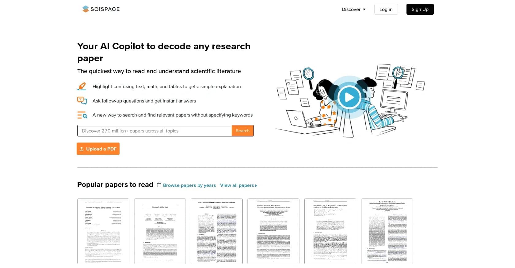 Scispace homepage screenshot — Platform for exploring and publishing research papers.