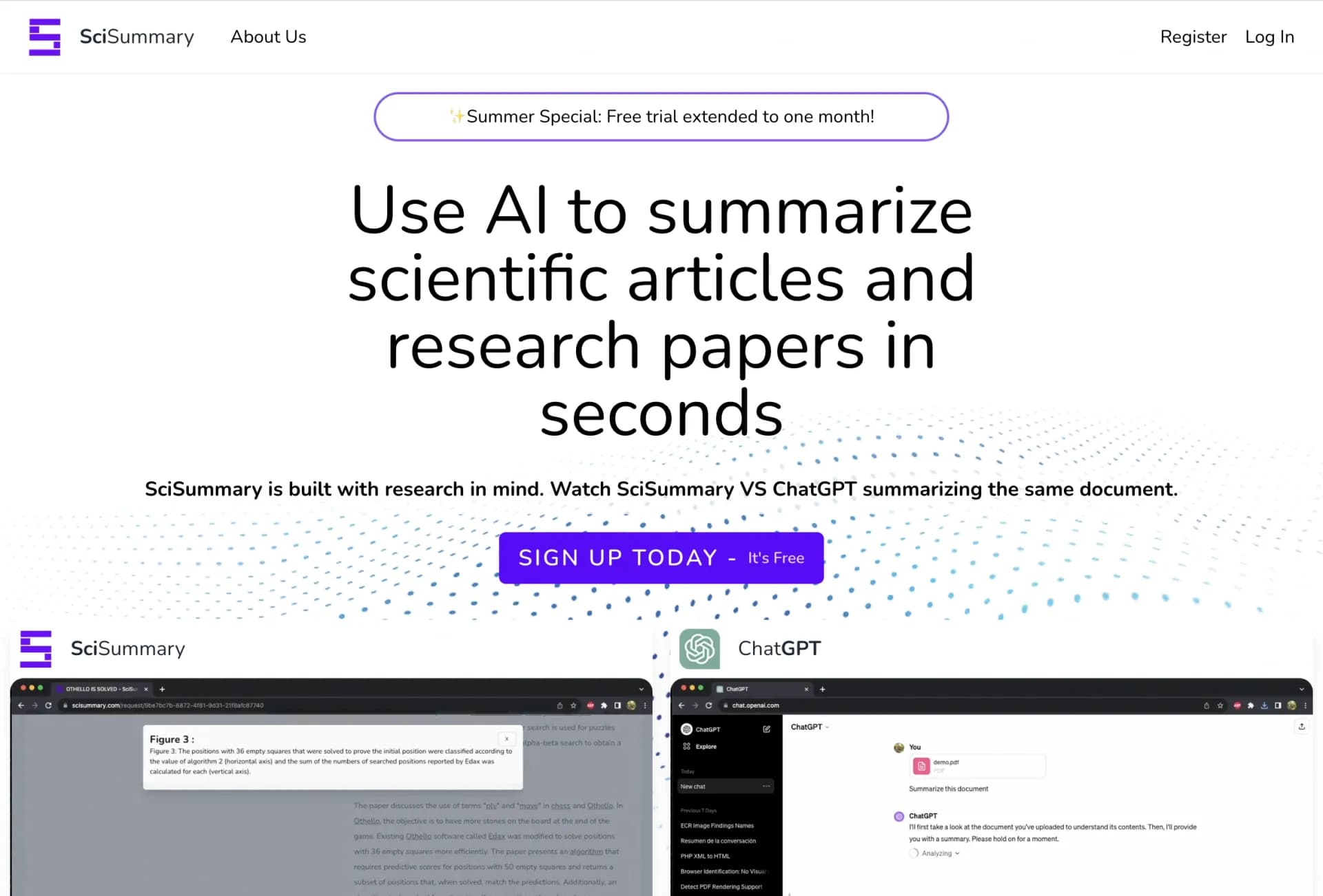 Scisummaryv1.4.0 homepage screenshot — Cutting-edge scientific articles summarization.