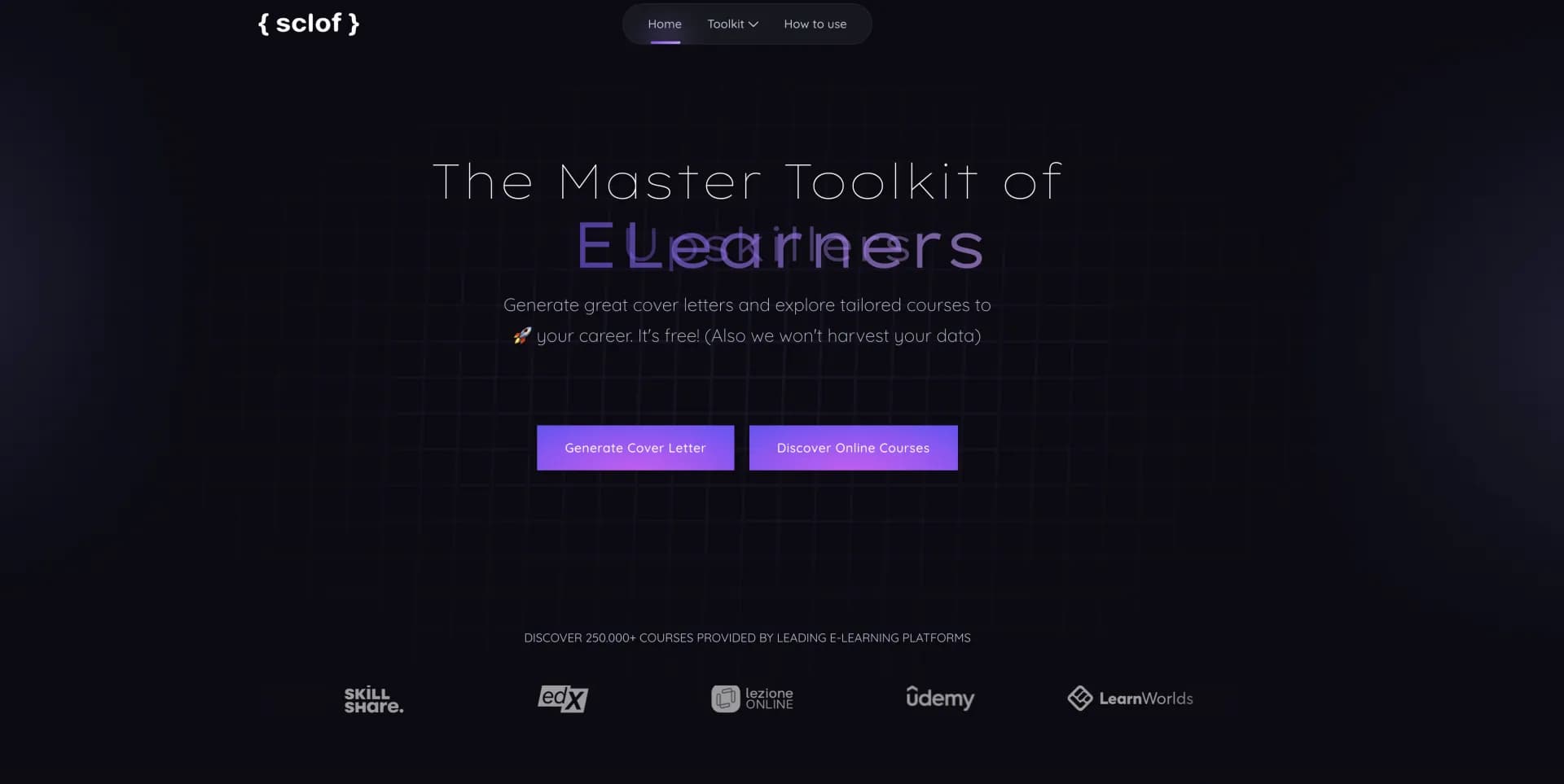 sclof homepage screenshot — Master toolkit for crafting cover letters and exploring cour