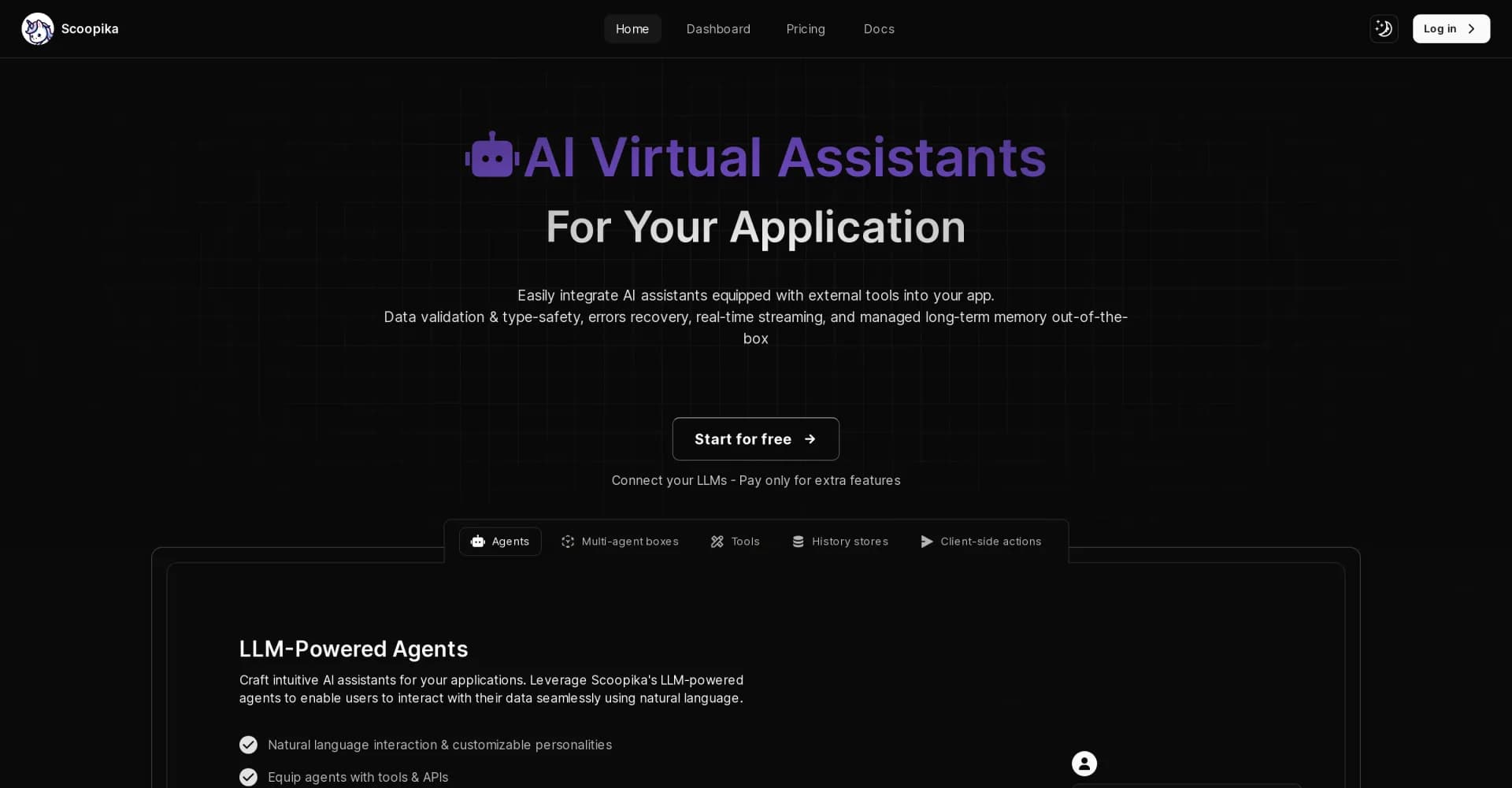 Scoopika homepage screenshot — Integrate AI assistants with tools into your app in minutes
