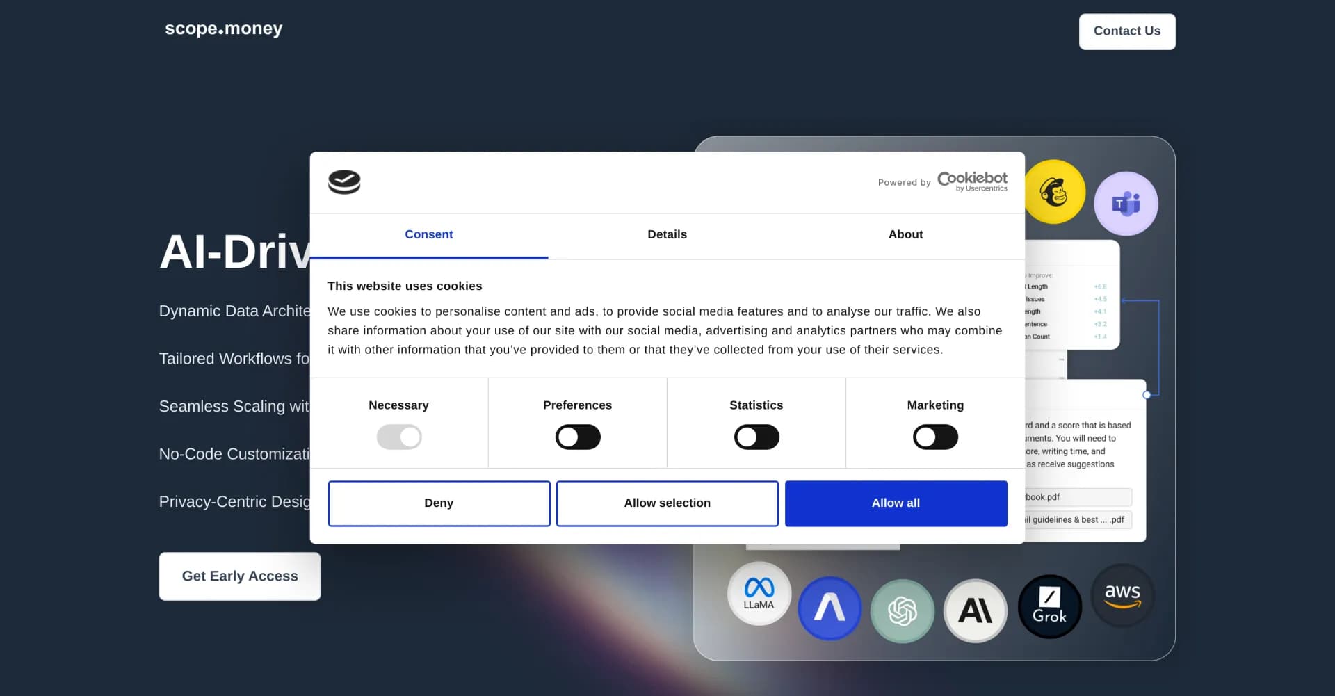 Scope Money homepage screenshot — Simplify KPI tracking with AI-powered automation.