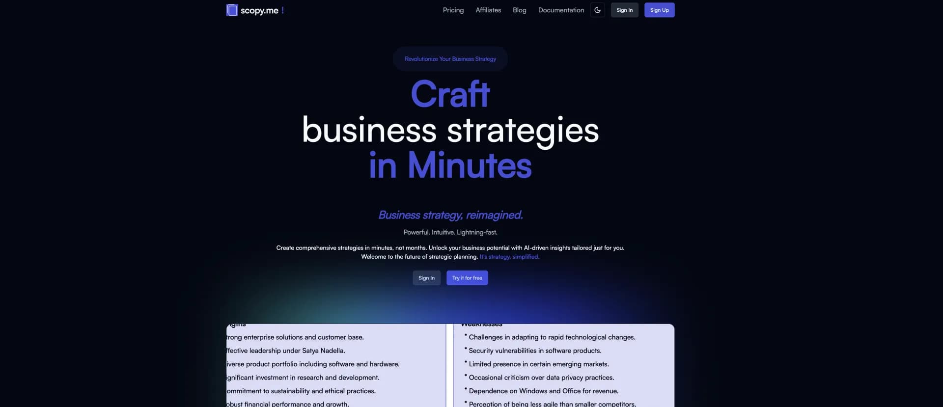 Scopy.me homepage screenshot — Craft winning business strategies in minutes.
