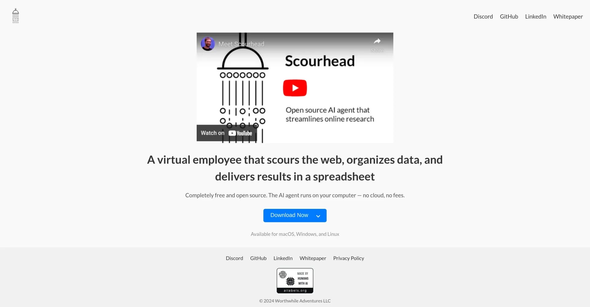 Scourhead homepage screenshot — Virtual employee that scours the web and delivers results in