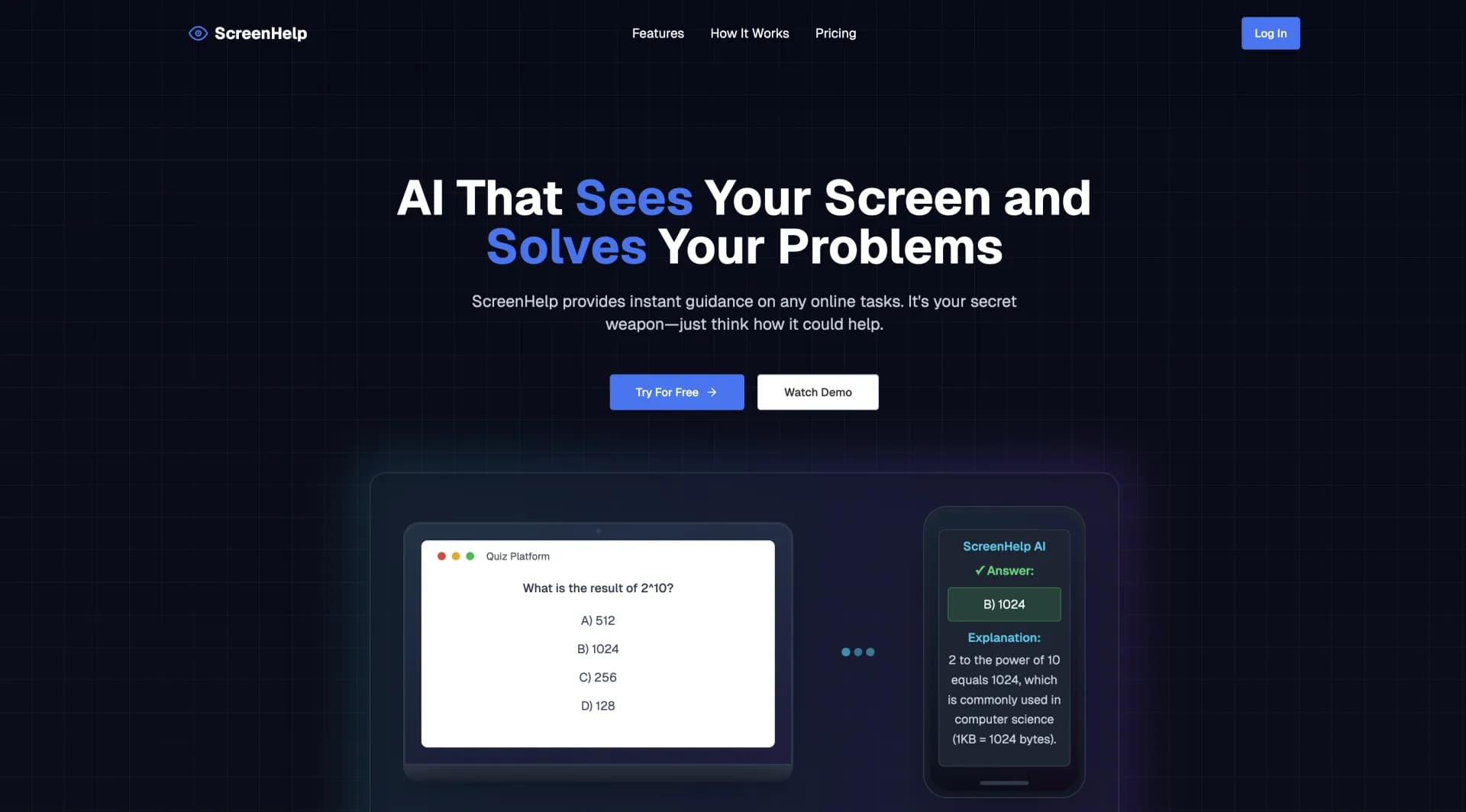 ScreenHelp homepage screenshot — AI that sees your screen and solves your problems.