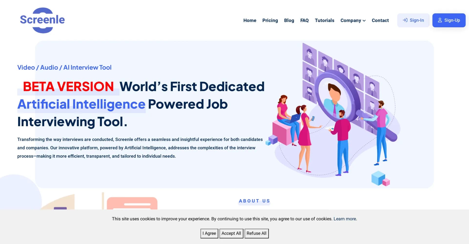 Screenle homepage screenshot — AI-powered video interviews that transform hiring.