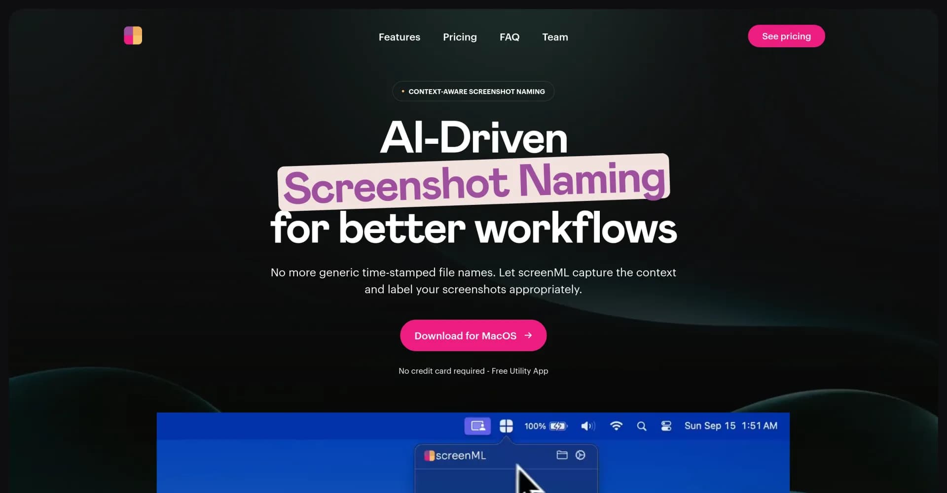 ScreenML homepage screenshot — AI-driven screenshot naming for better workflows