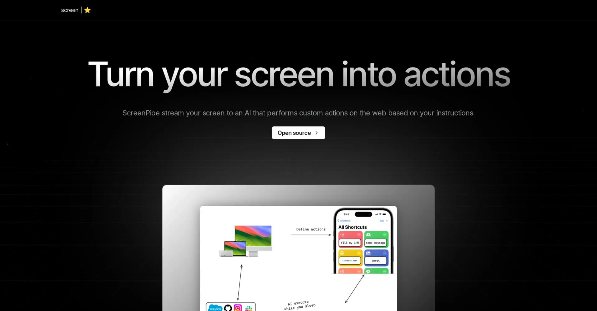 ScreenPipe homepage screenshot — Turn your screen into actions.