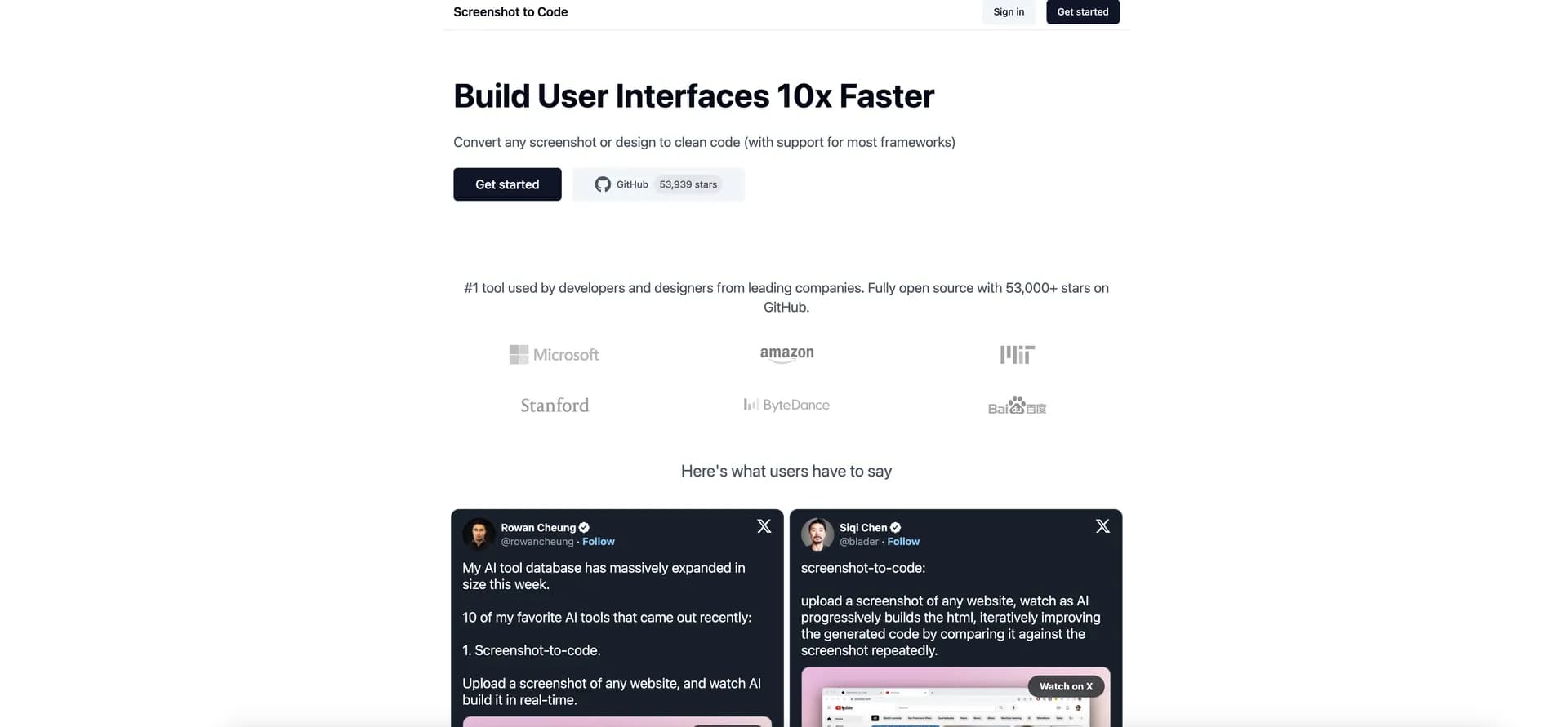 Screenshot to Code homepage screenshot — Convert any screenshot or design to clean code.