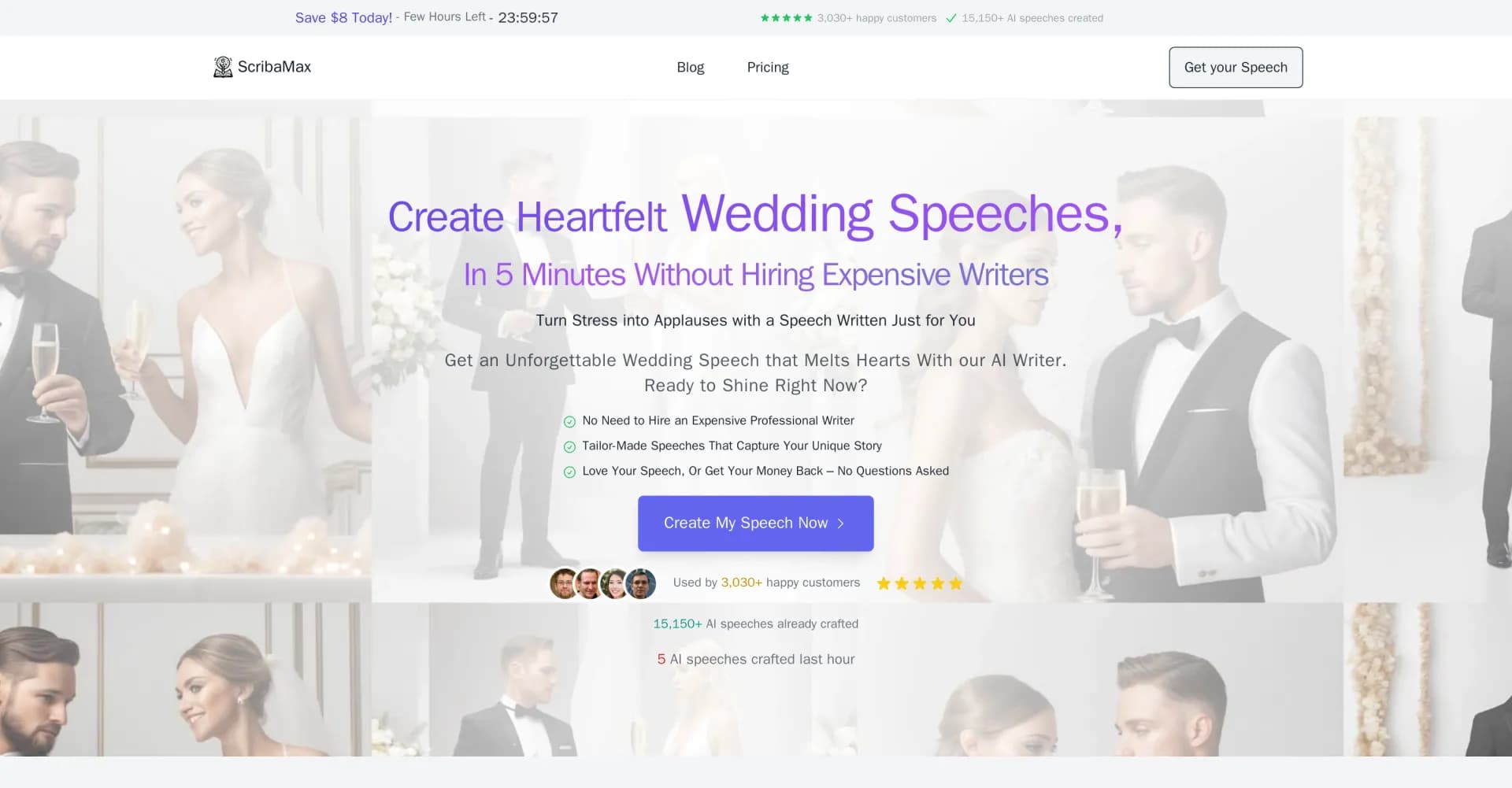 ScribaMax homepage screenshot — Craft memorable wedding speeches in minutes