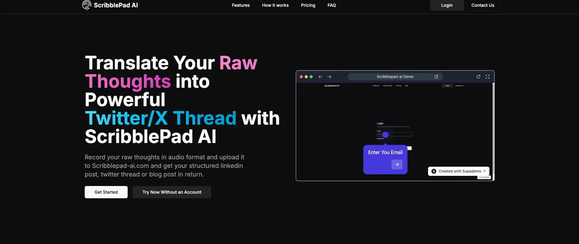 ScribblePad AI homepage screenshot — Transform raw thoughts into structured content.