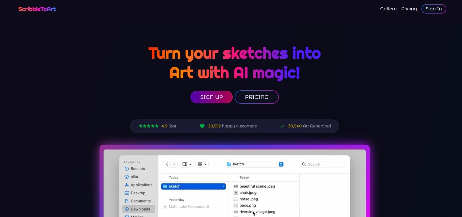 Scribbletoart homepage screenshot — Transform scribbles into stunning art with AI.