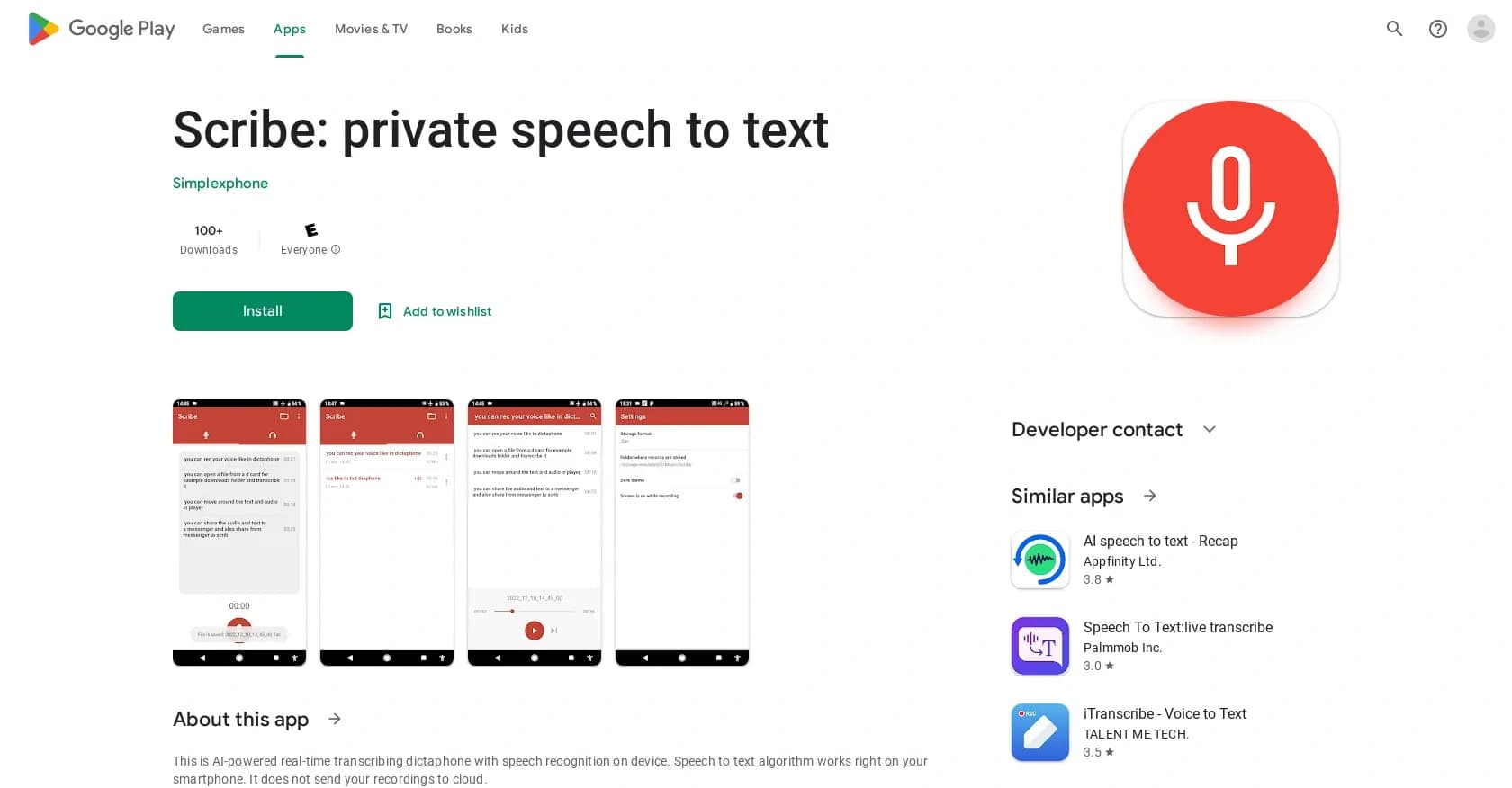 Scribe speech to text homepage screenshot — Mobile speech-to-text transcription in real time.