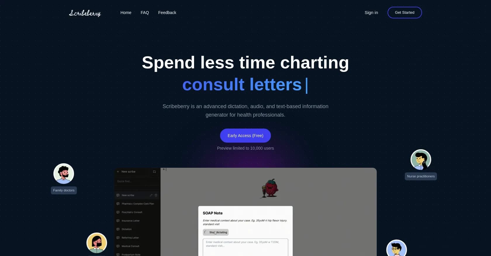 ScribeBerry homepage screenshot — AI-powered medical dictation for effortless charting