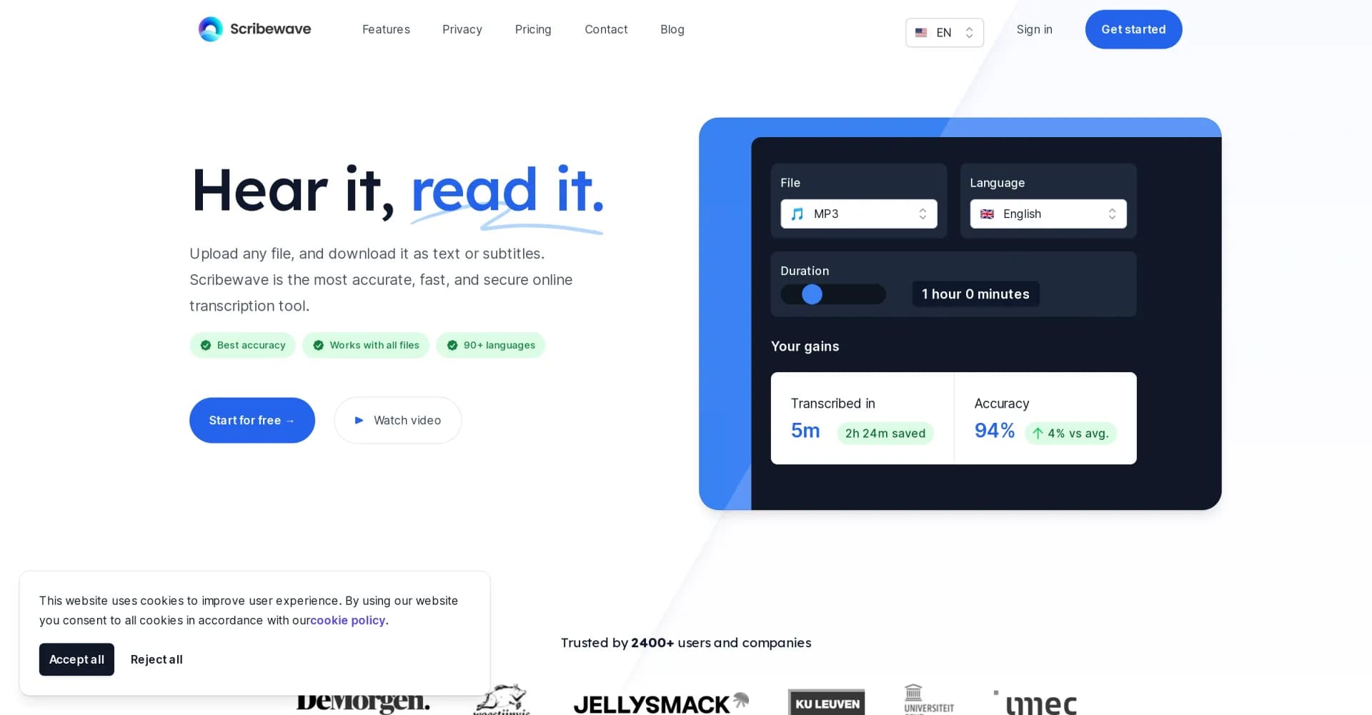 Scribewave homepage screenshot — Transcribe audio and video to text with AI-powered accuracy.