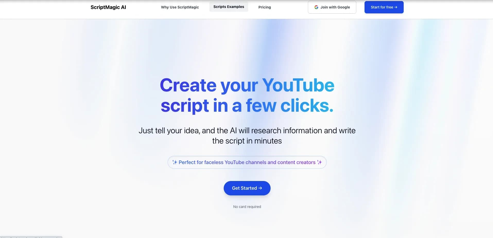 ScriptMagic AI homepage screenshot — Generate engaging video scripts with AI in minutes.