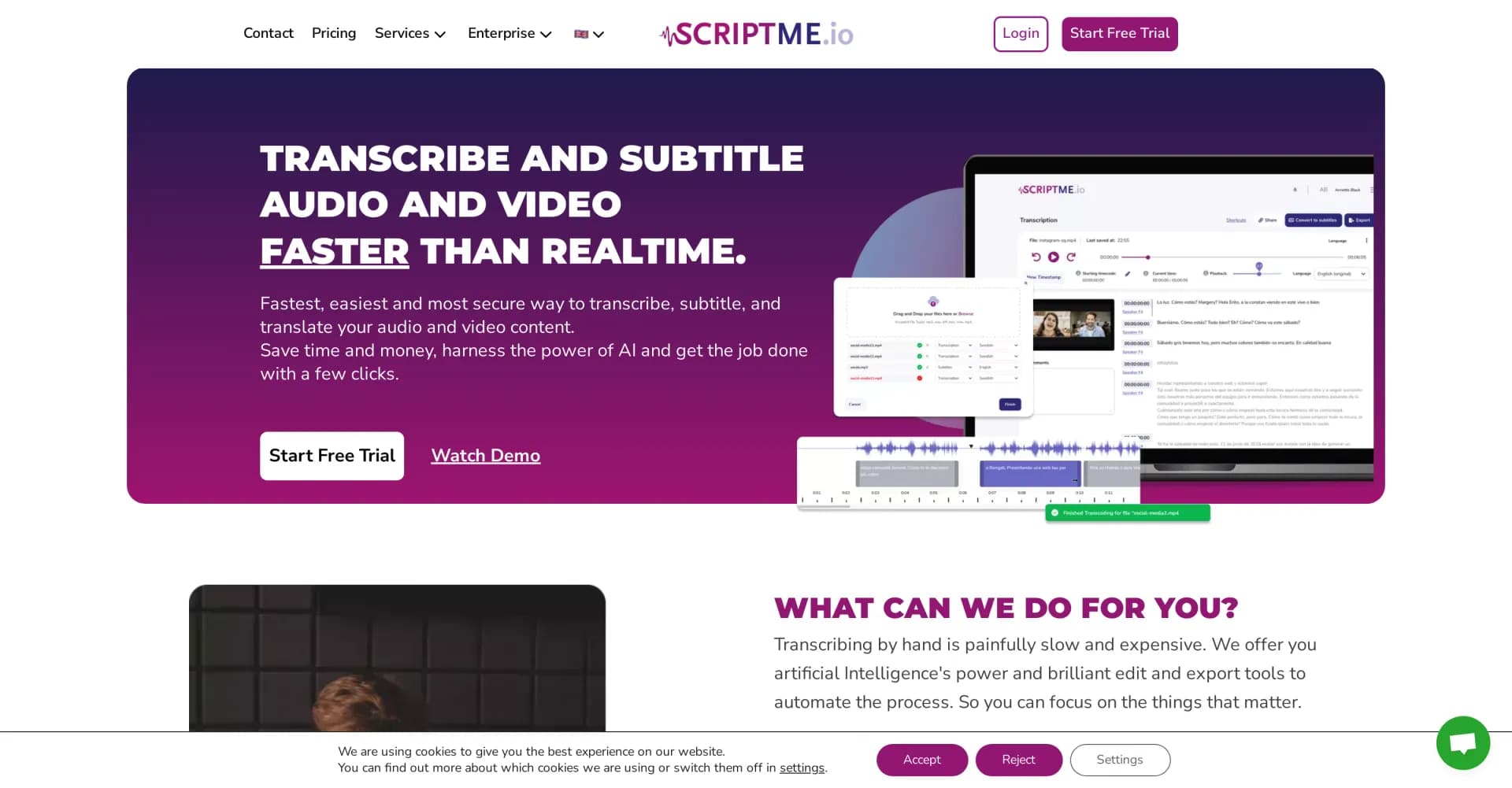 ScriptMe homepage screenshot — Transcribe and subtitle media faster than realtime.
