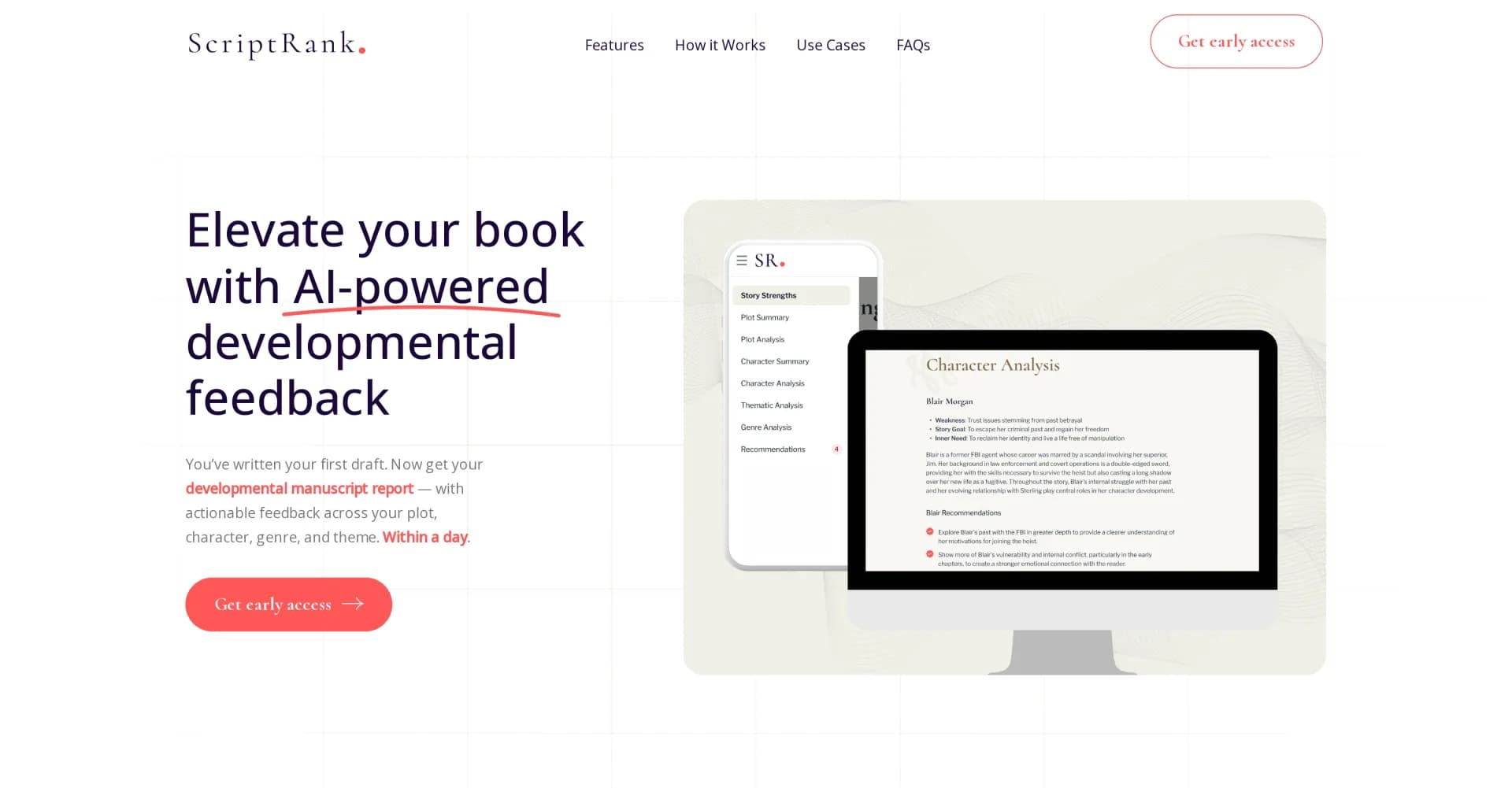ScriptRank homepage screenshot — Elevate your book with AI-powered developmental feedback.
