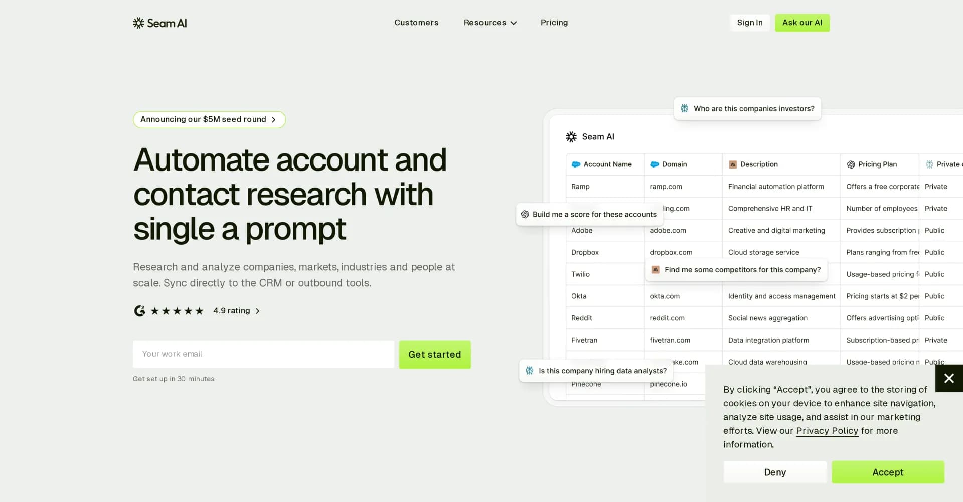 Seam AI homepage screenshot — Automate account research with AI.