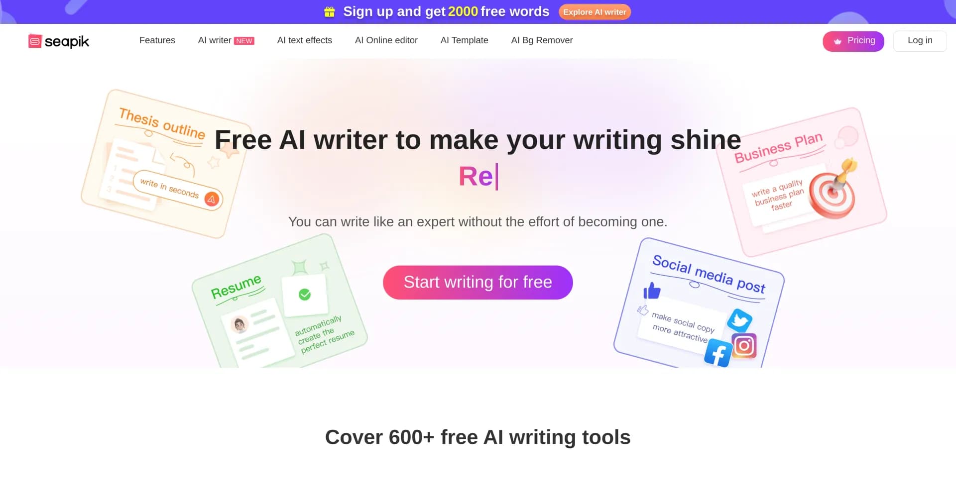 Seapik homepage screenshot — Generate texts instantly with AI writing tools.