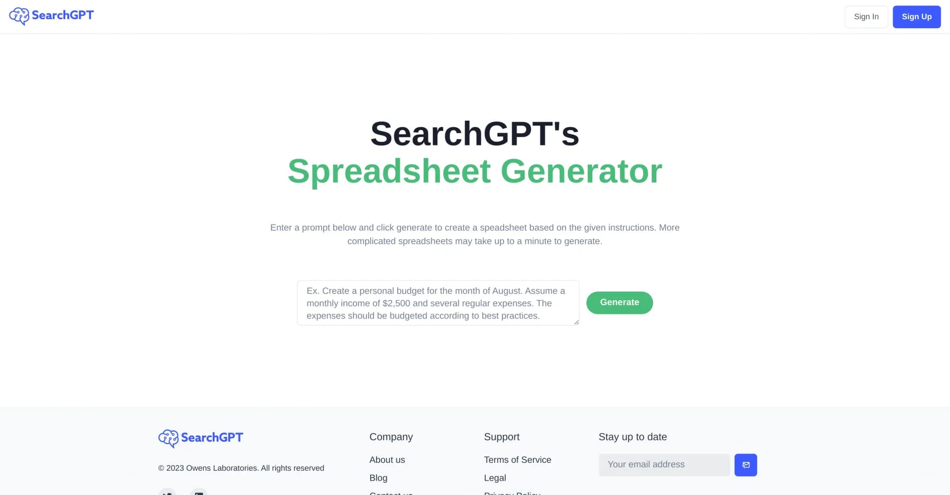 SearchGPT homepage screenshot — Generate spreadsheets from text prompts