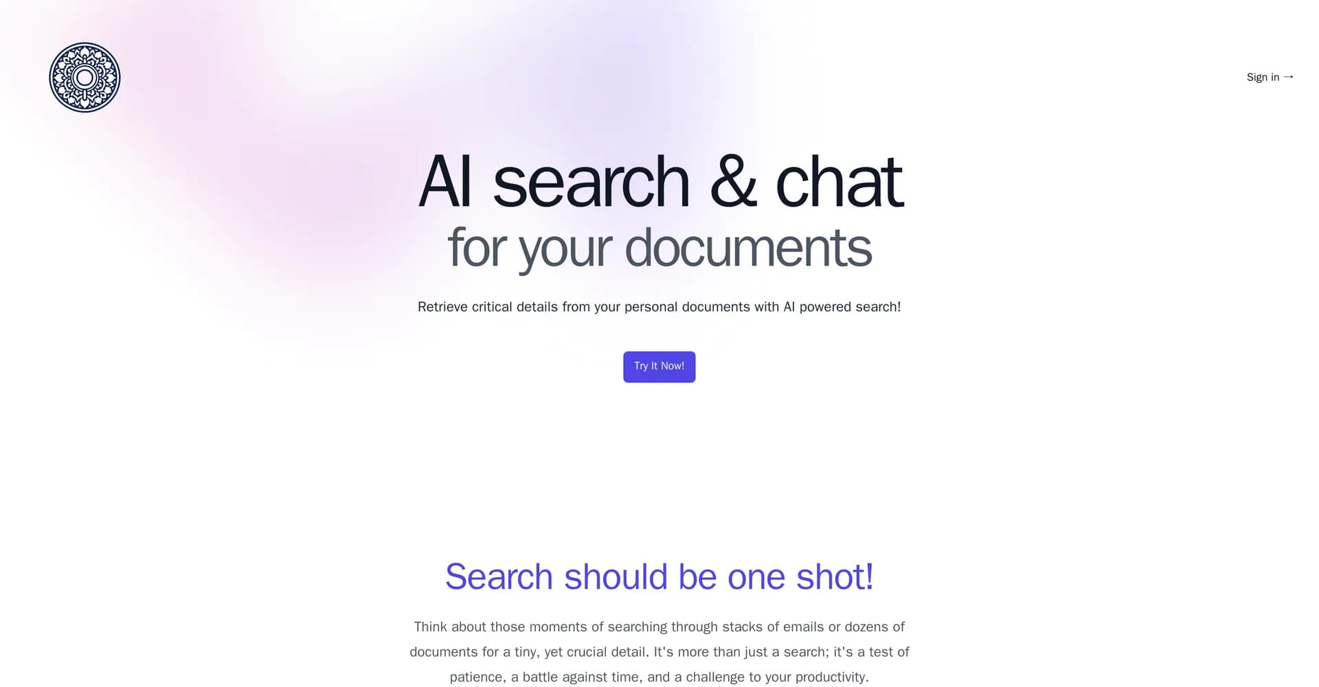 SearchMyDocs.ai homepage screenshot — AI-powered search for critical details in personal documents