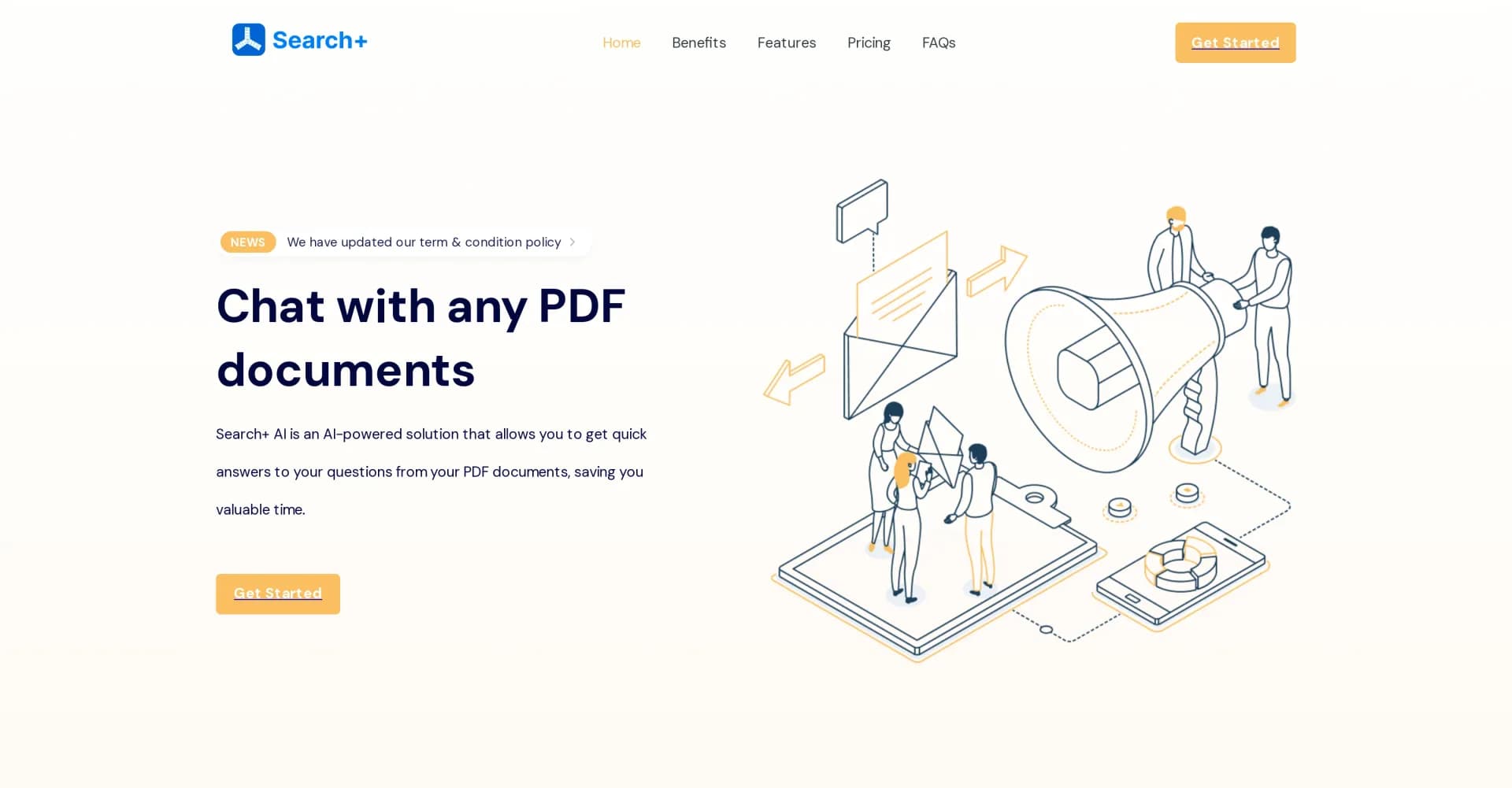 SearchPlus homepage screenshot — Chat with your PDFs for instant answers