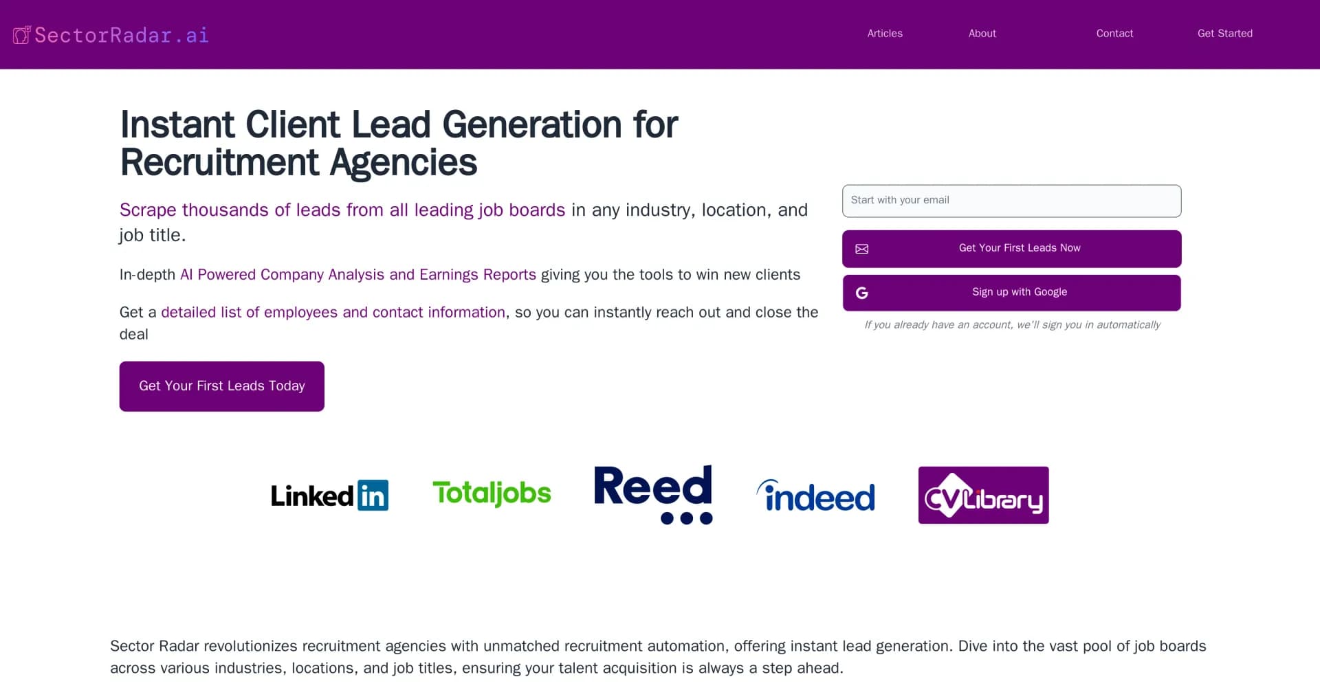 Sector Radar homepage screenshot — AI-powered lead generation for recruitment agencies.