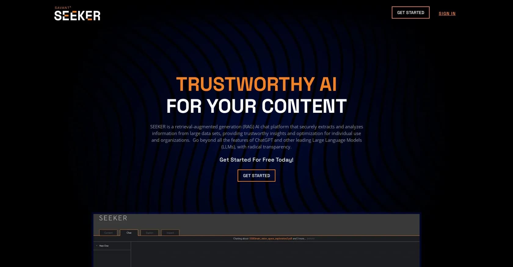 Seeker homepage screenshot — Extract secure info for trusted content generation.
