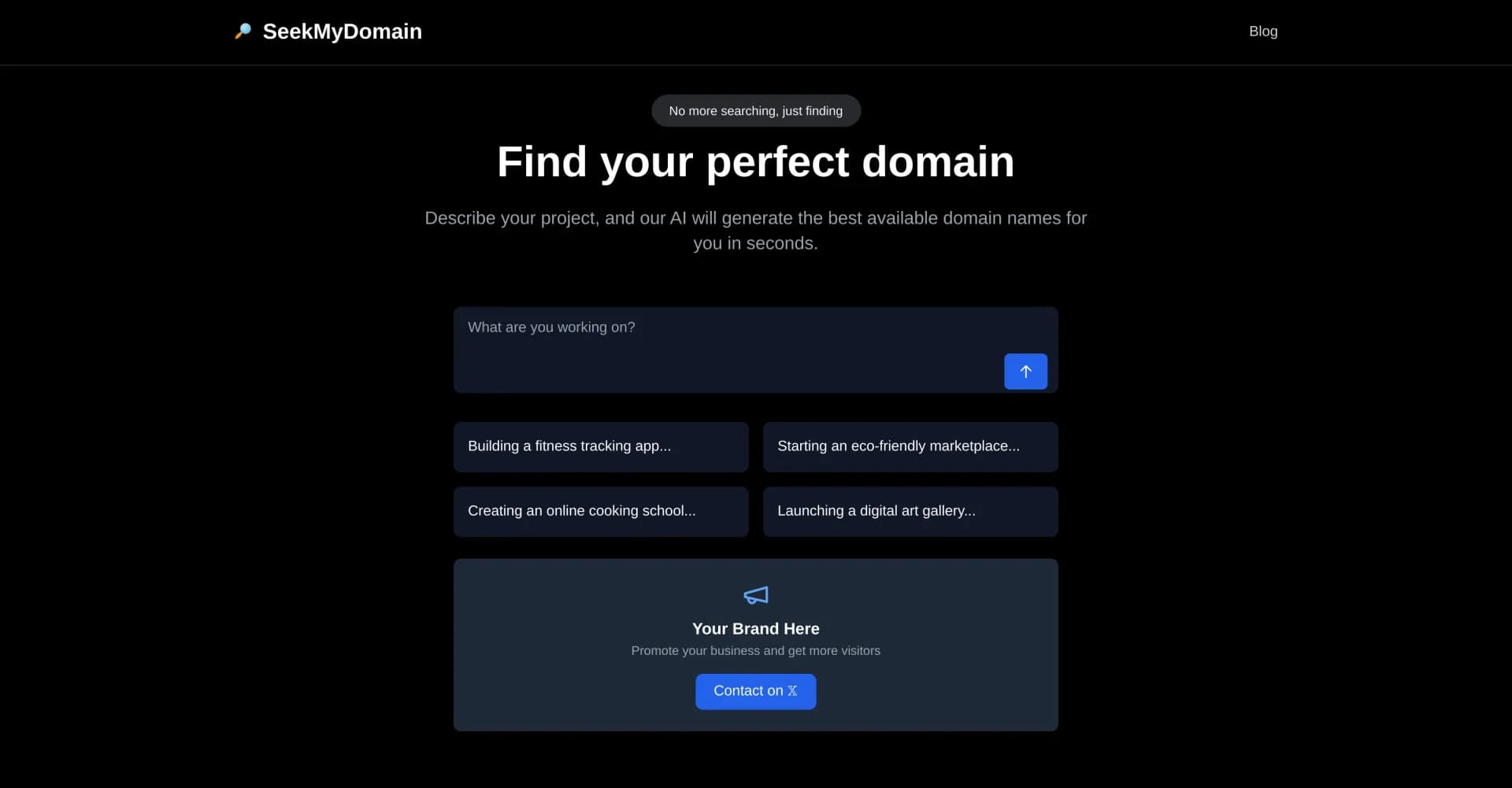 SeekMyDomain homepage screenshot — AI-powered domain finder for your business idea