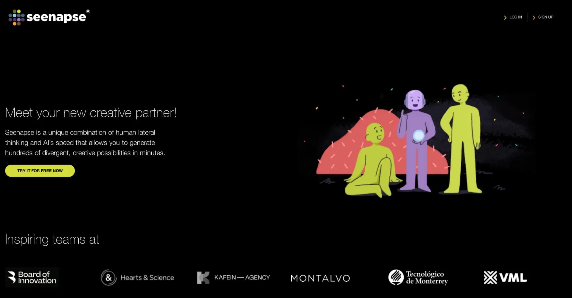 Seenapse homepage screenshot — AI-powered ideation and innovation assistant