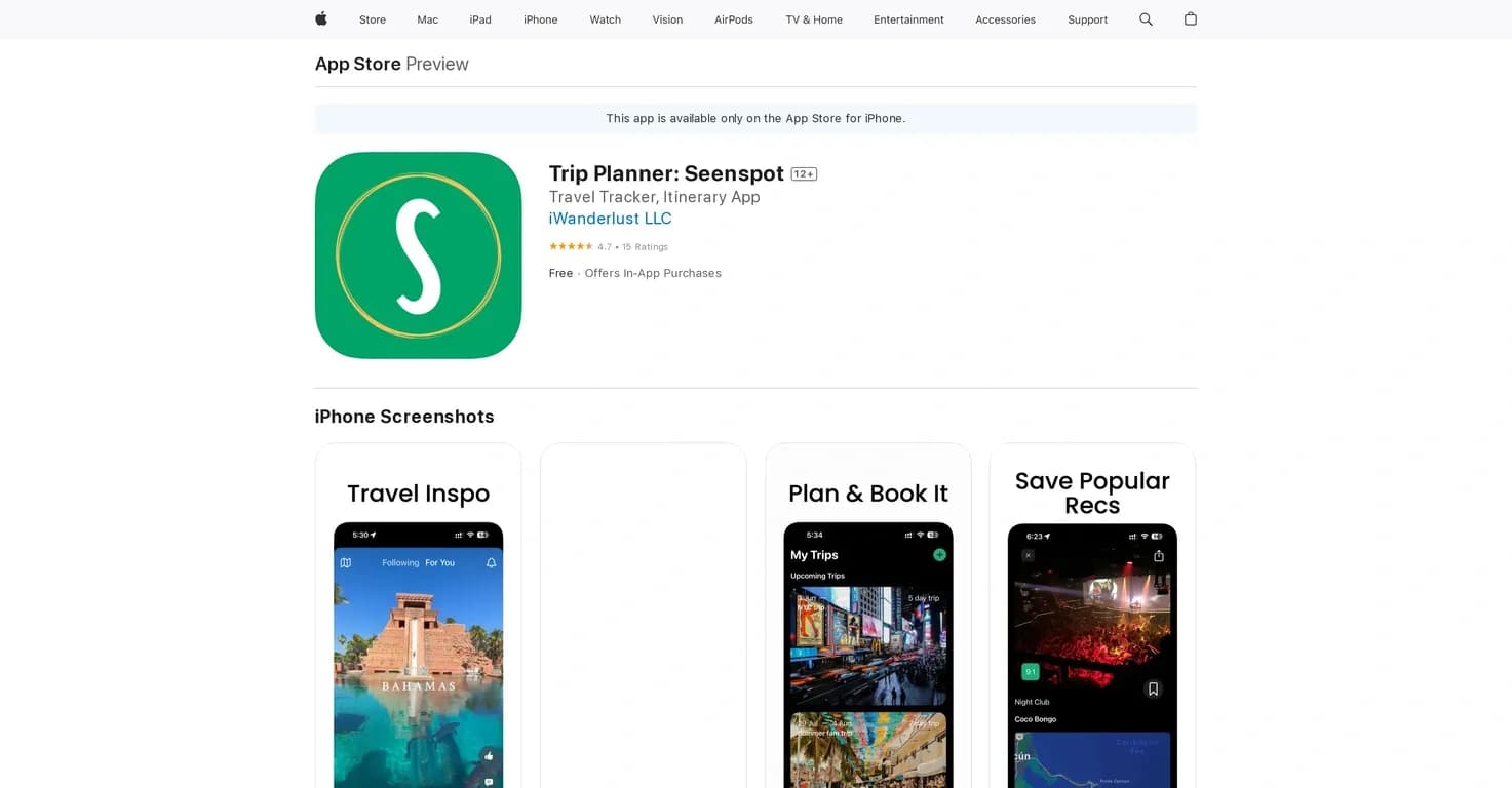 Seenspot homepage screenshot — Plan your trips with Seenspot.
