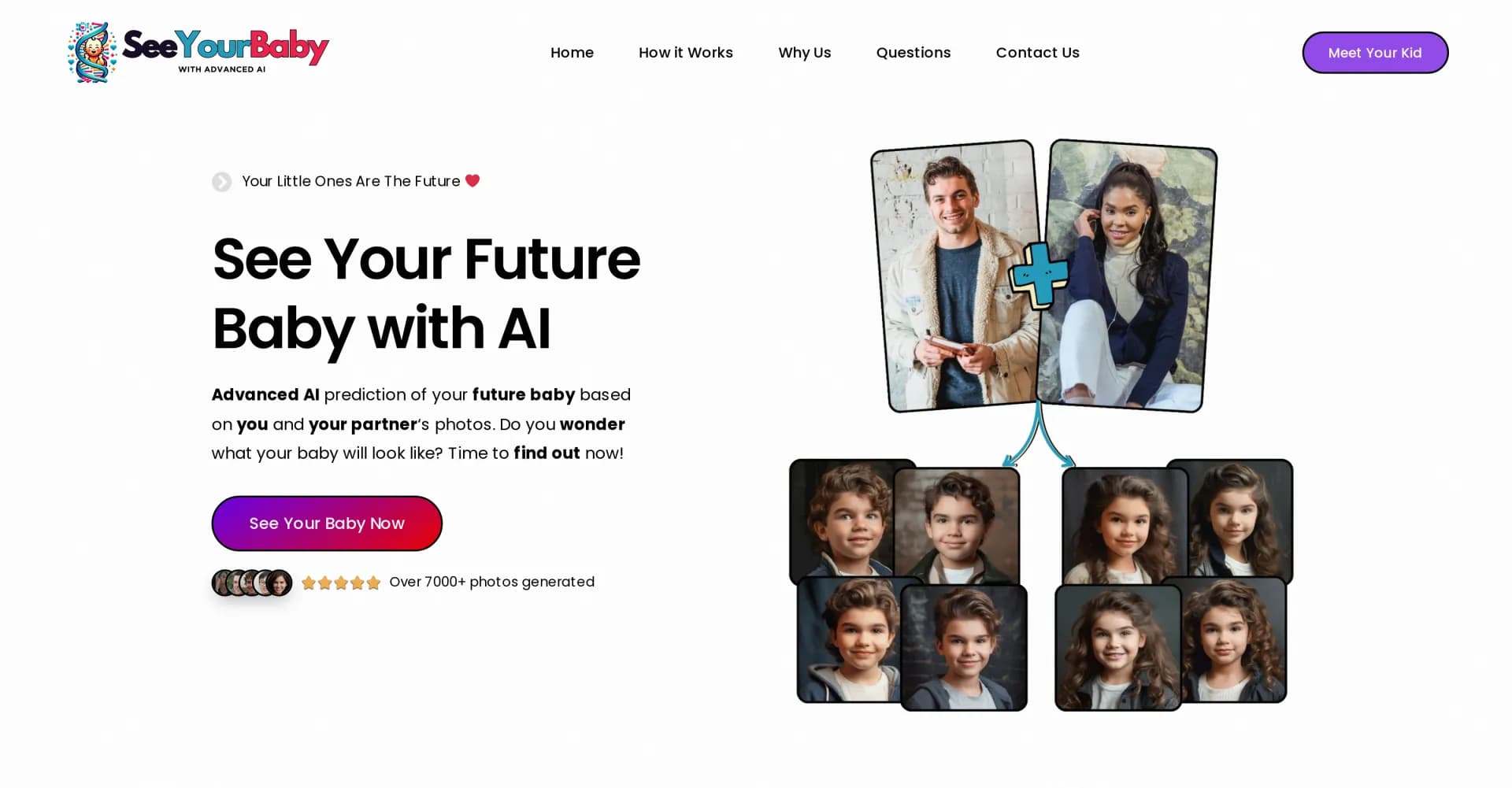 SeeYourBabyAI homepage screenshot — See your future baby's face with AI prediction.