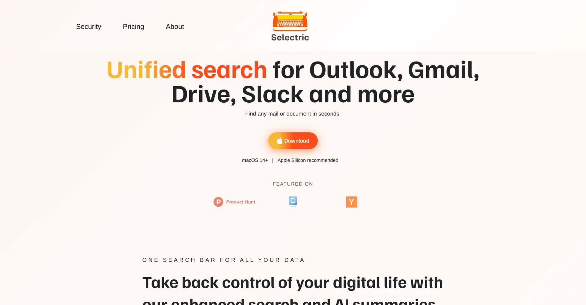 Selectric homepage screenshot — AI-powered private search for your work apps
