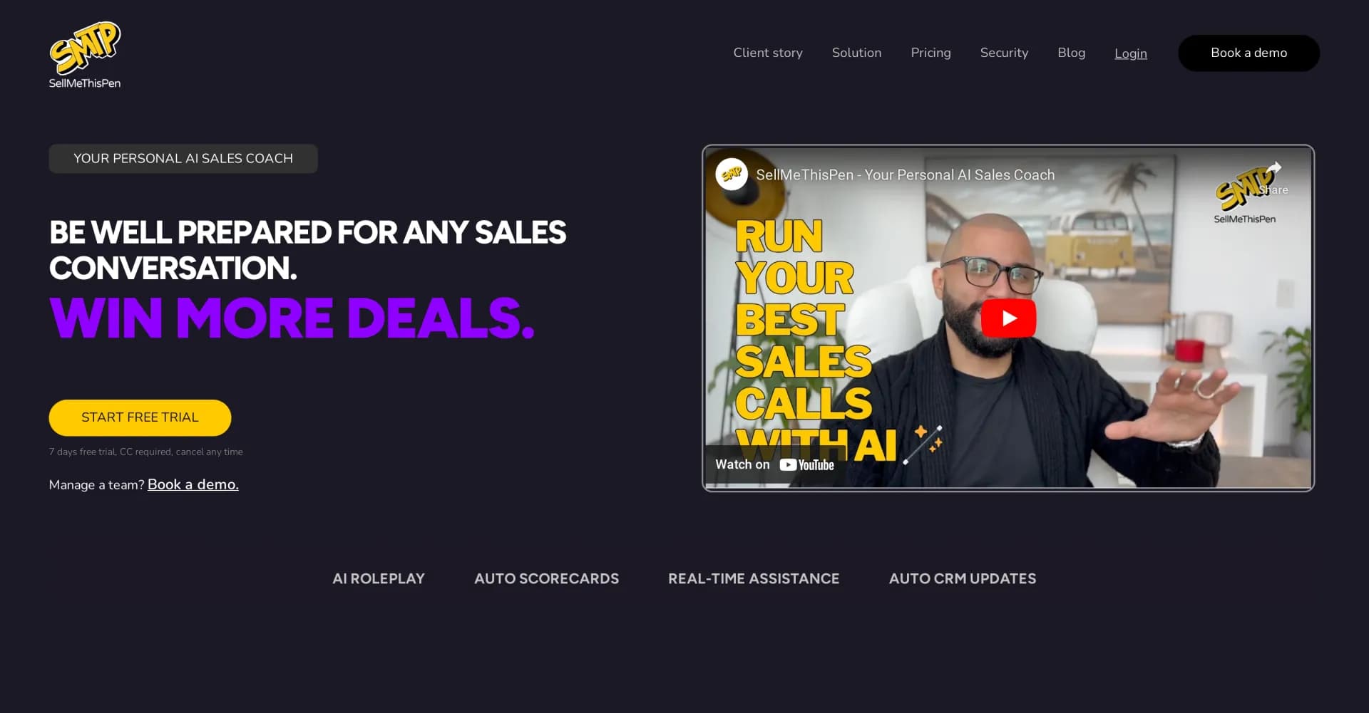 Sell Me This Pen homepage screenshot — AI-powered sales coaching for winning conversations