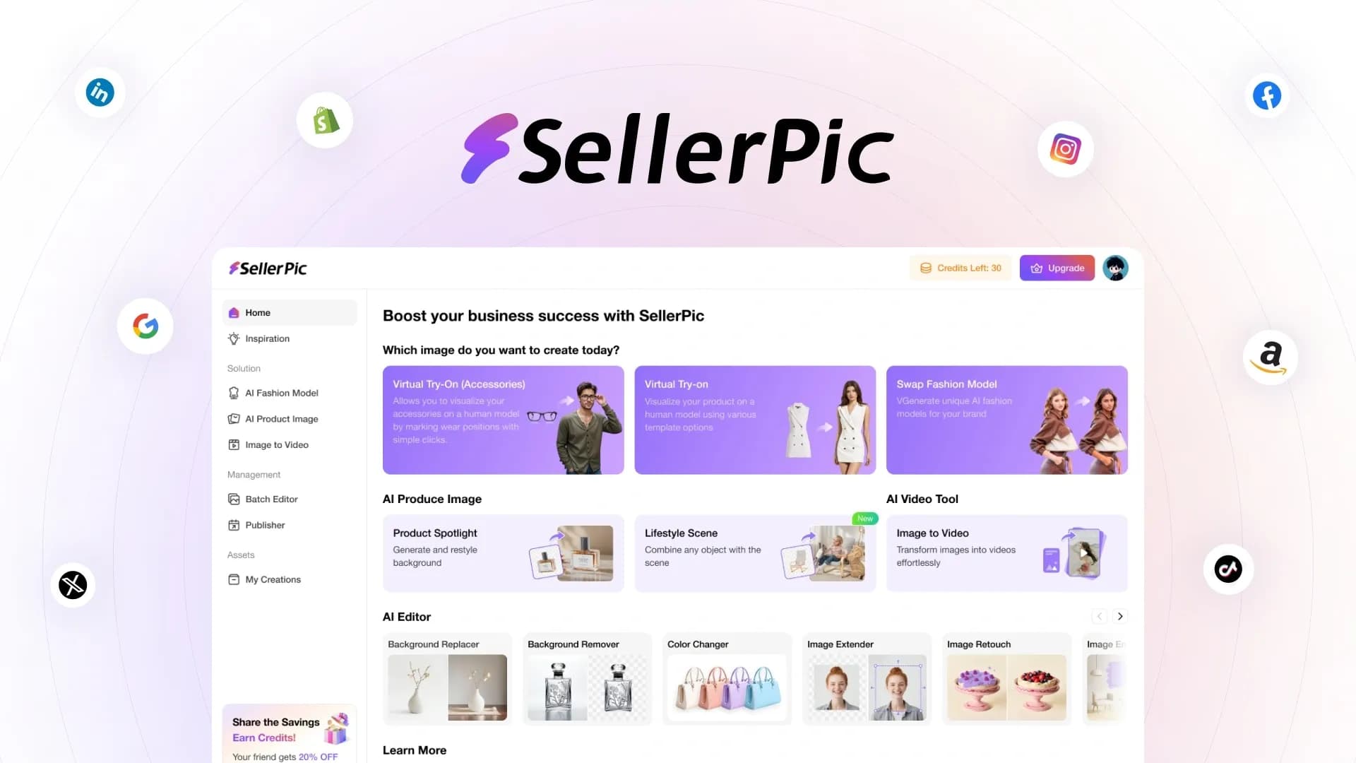 SellerPic homepage screenshot — Supercharge photos with AI, boost sales in minutes.