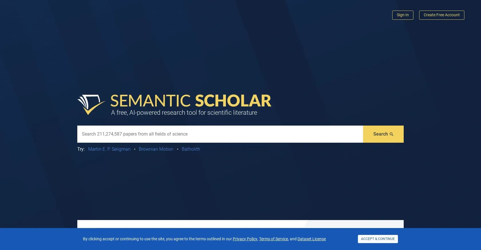 Semanticscholar homepage screenshot — AI-powered research tool for scientific literature