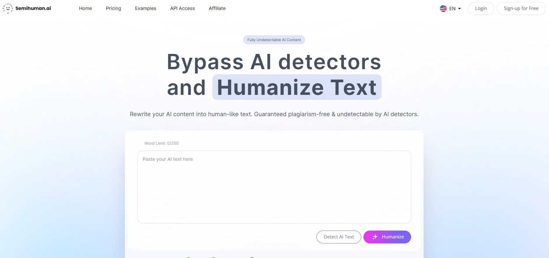 Semihuman AI homepage screenshot — Rewrite AI content into undetectable human-like text