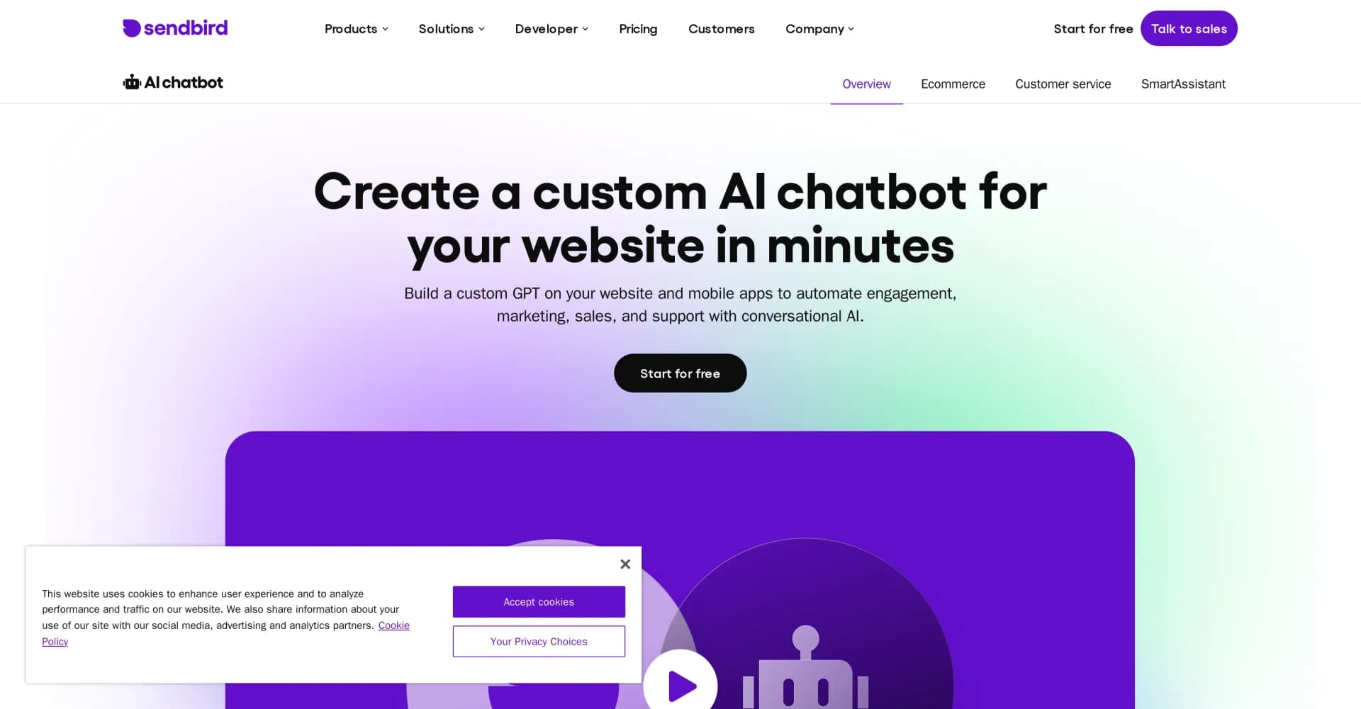 Sendbird homepage screenshot — Create custom AI chatbots for websites and apps in minutes.
