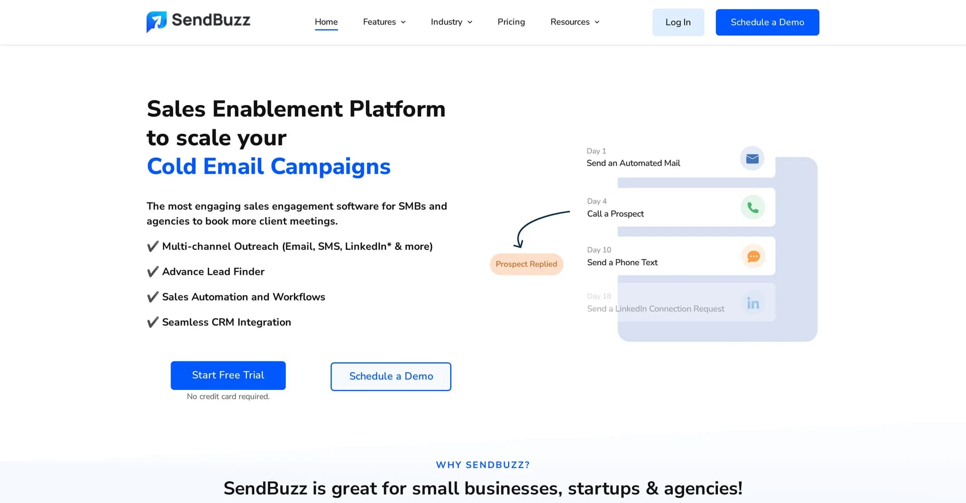 SendBuzz homepage screenshot — Automate sales engagement and close deals faster.