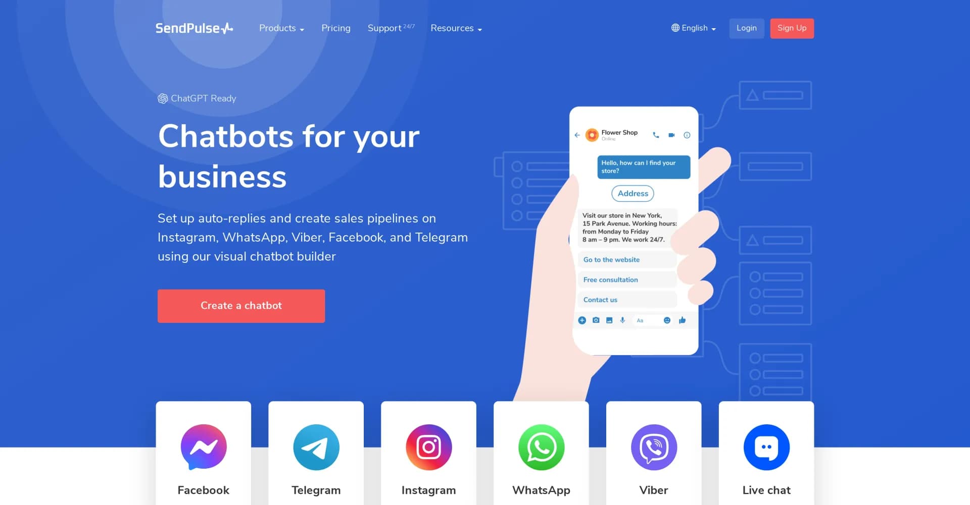 SendPulse homepage screenshot — Build visual chatbots without coding