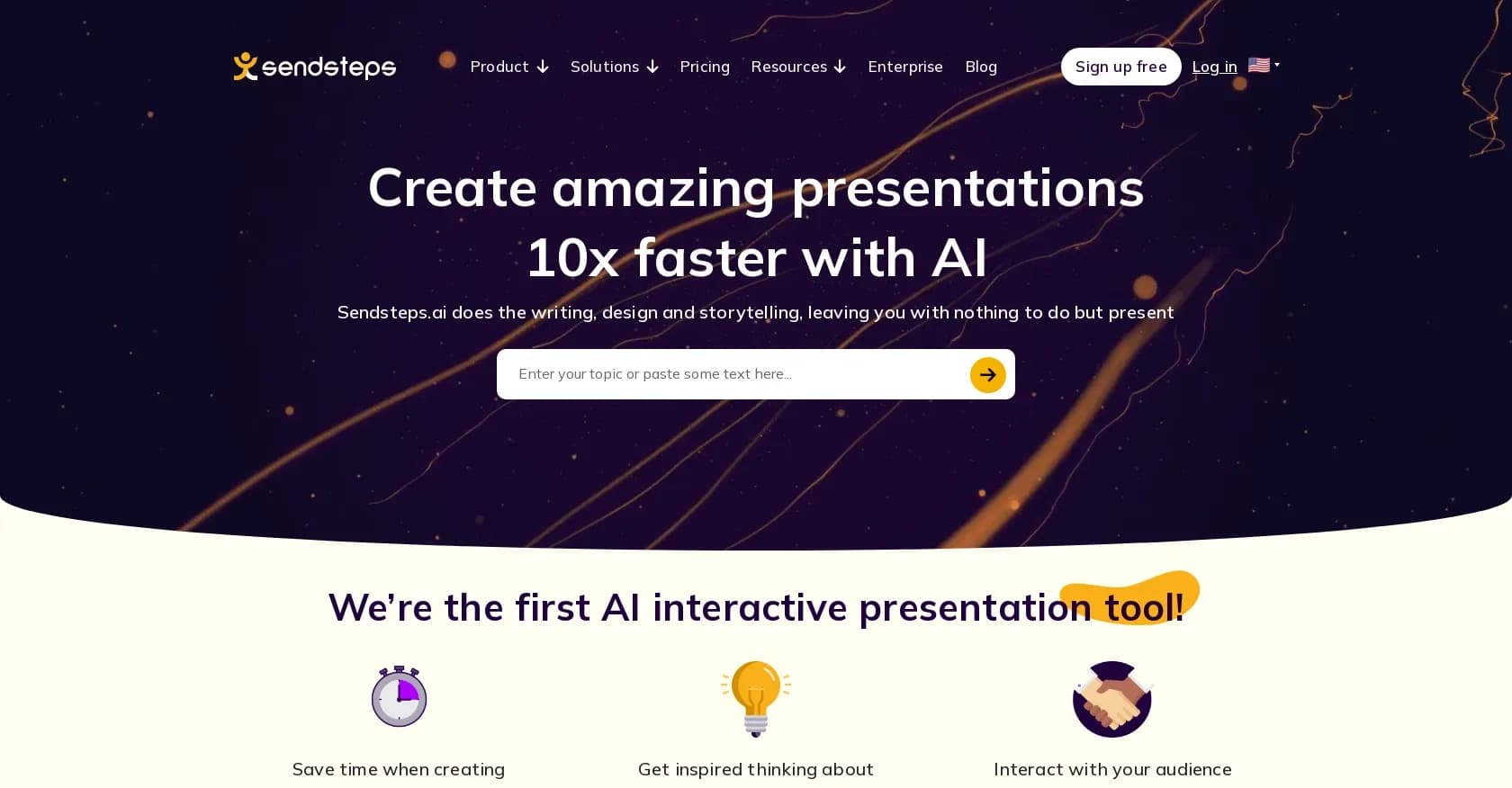 Sendsteps homepage screenshot — AI-powered interactive presentations in one click