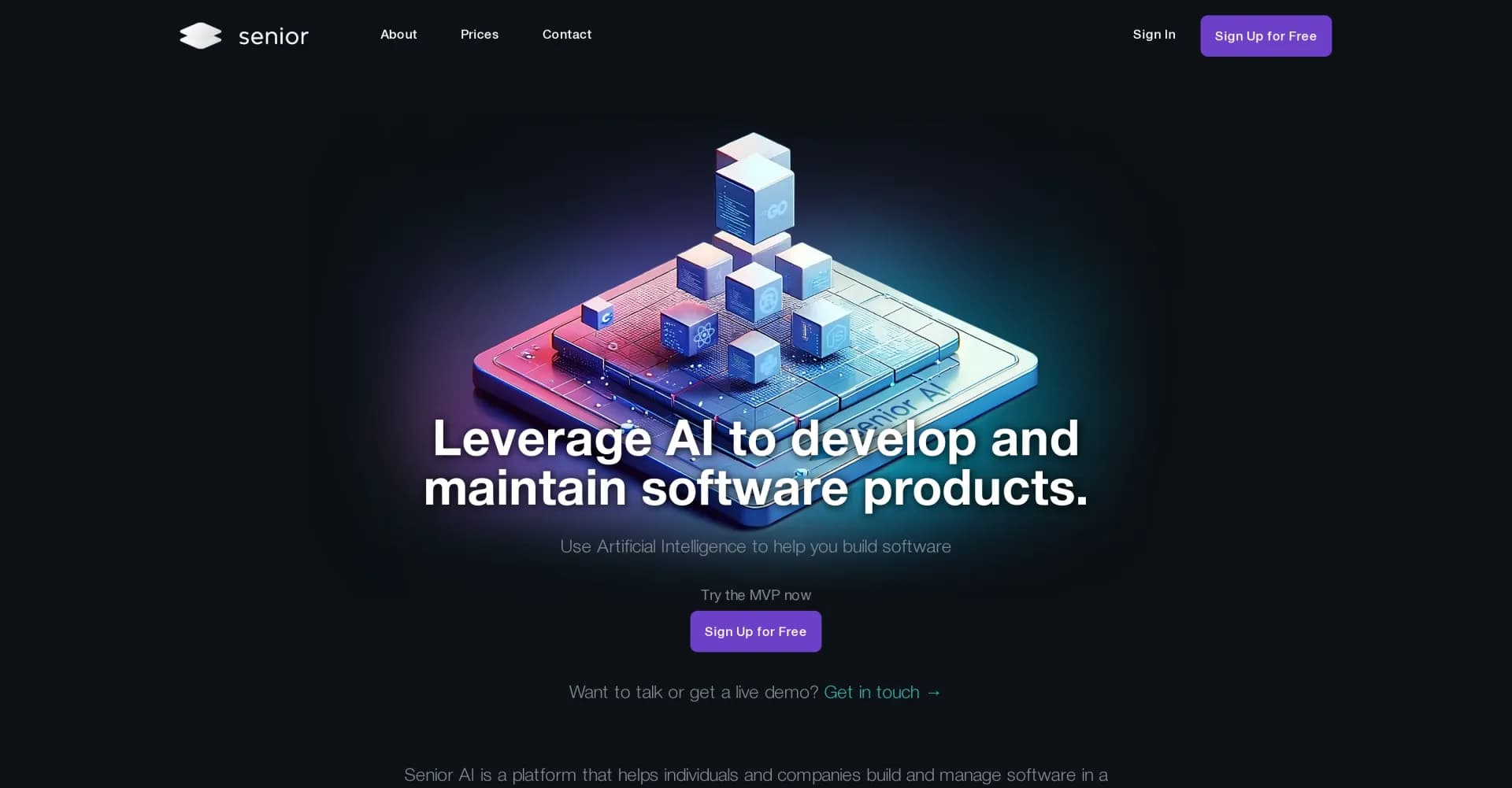 Senior AI homepage screenshot — Supercharge software development with AI