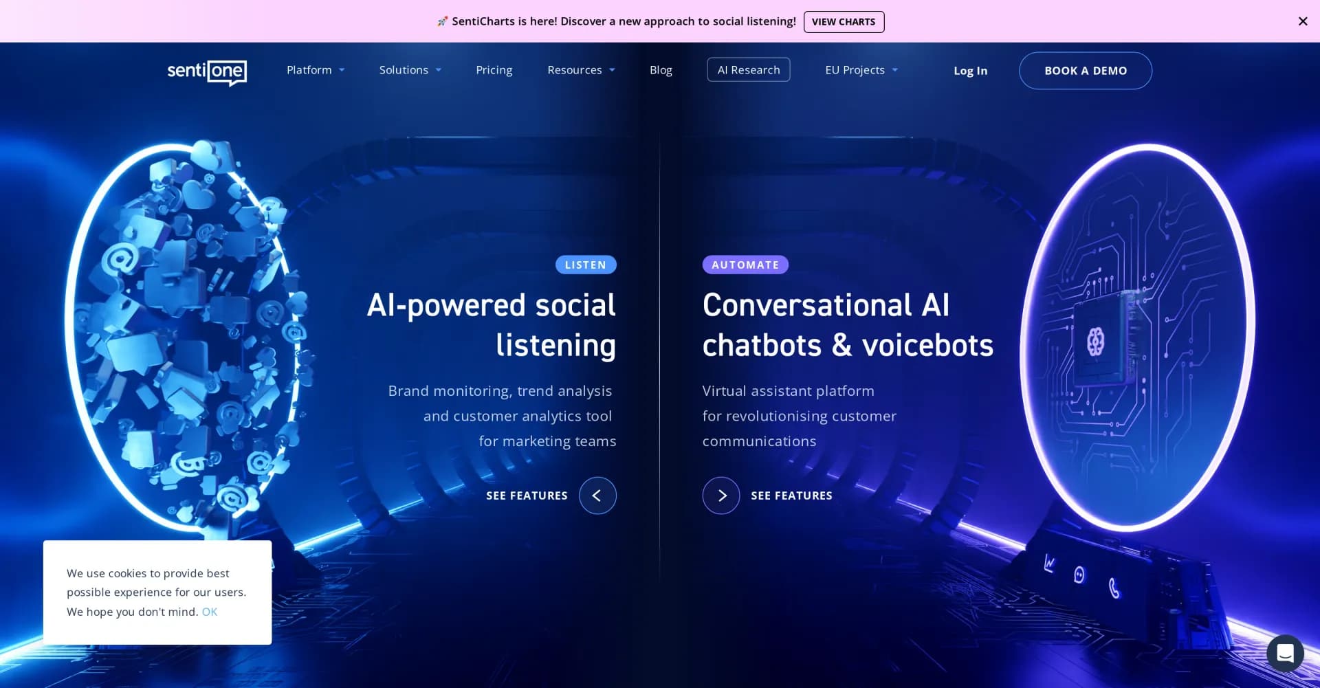 SentiOne homepage screenshot — AI-powered social listening and customer service automation