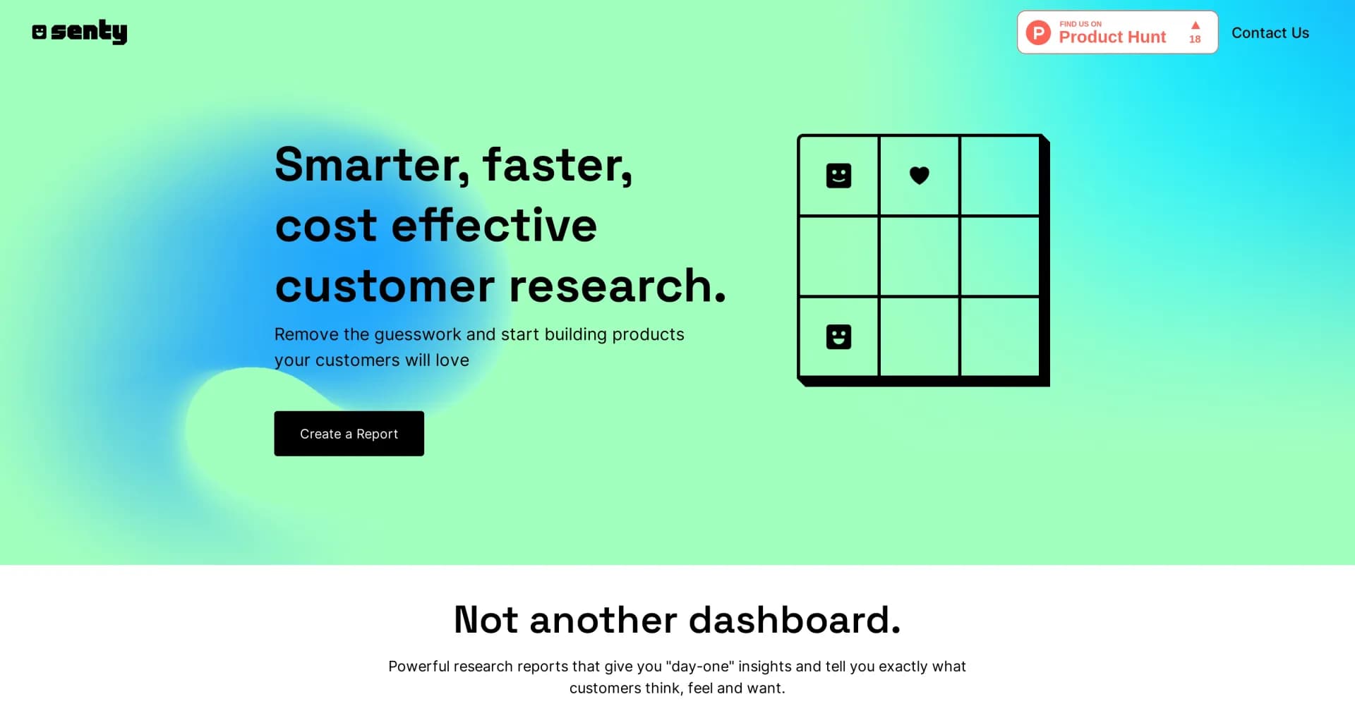 Senty Research homepage screenshot — Smarter, faster, cost-effective customer research.