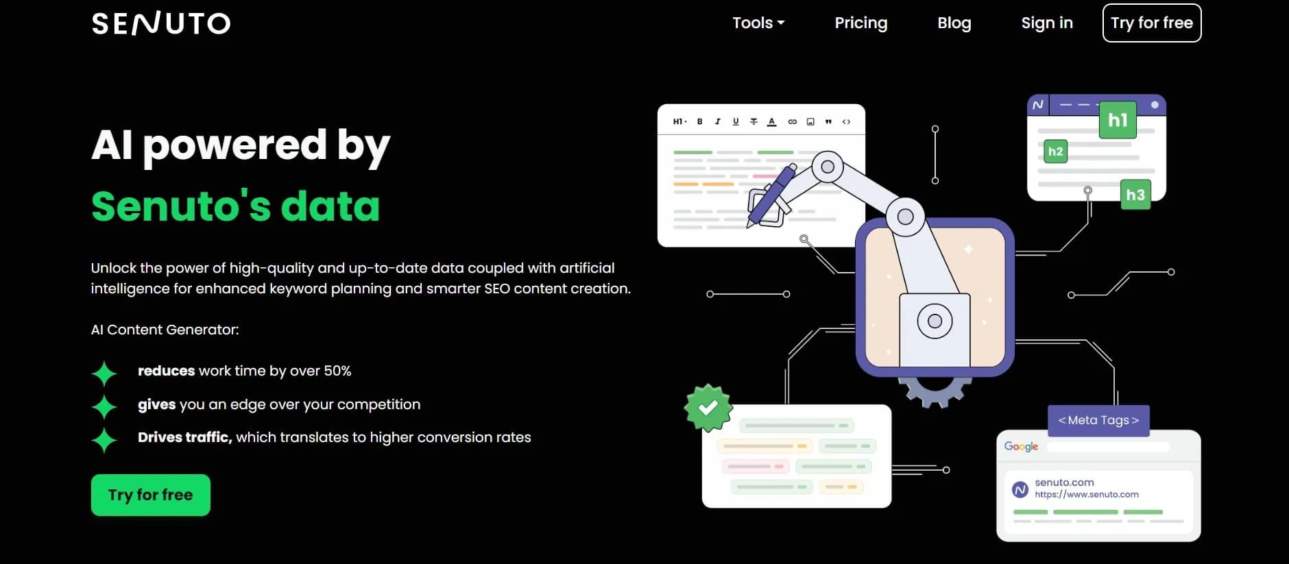 Senuto Content Writer homepage screenshot — Enhance keyword planning and SEO content with AI-powered dat
