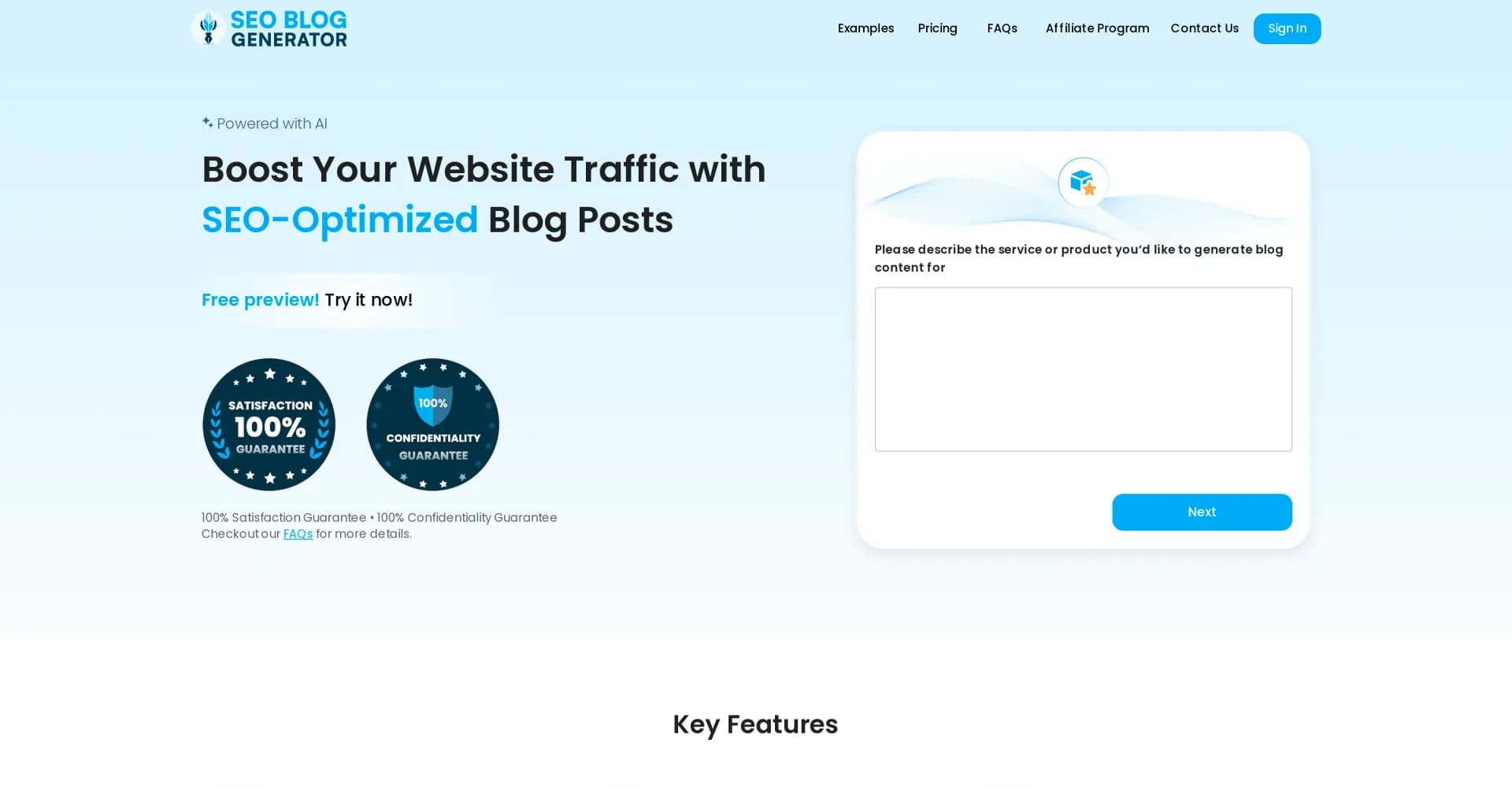 SEO Blog Generator homepage screenshot — Boost website traffic with AI-generated SEO blog posts.