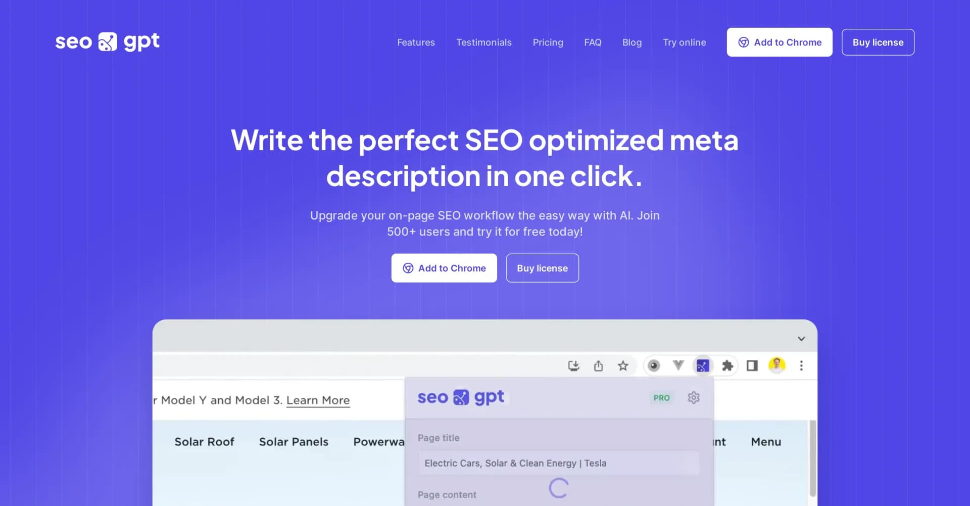SEO/GPT homepage screenshot — AI-powered on-page SEO optimization in one click
