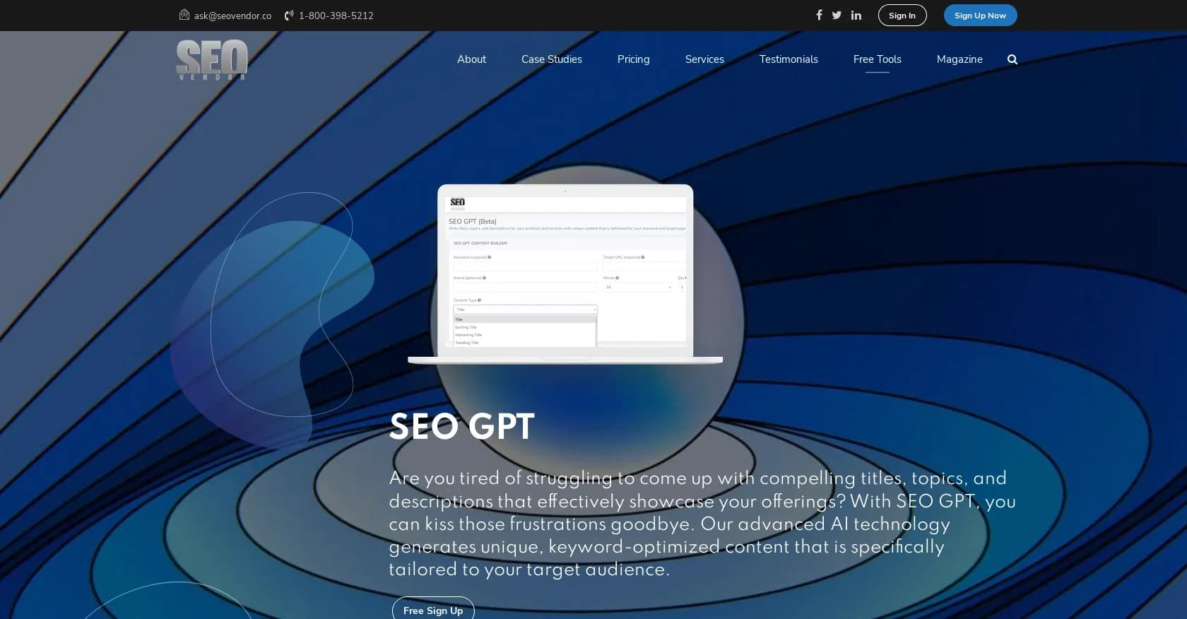 SEO GPT homepage screenshot — Generate SEO-optimized content with AI