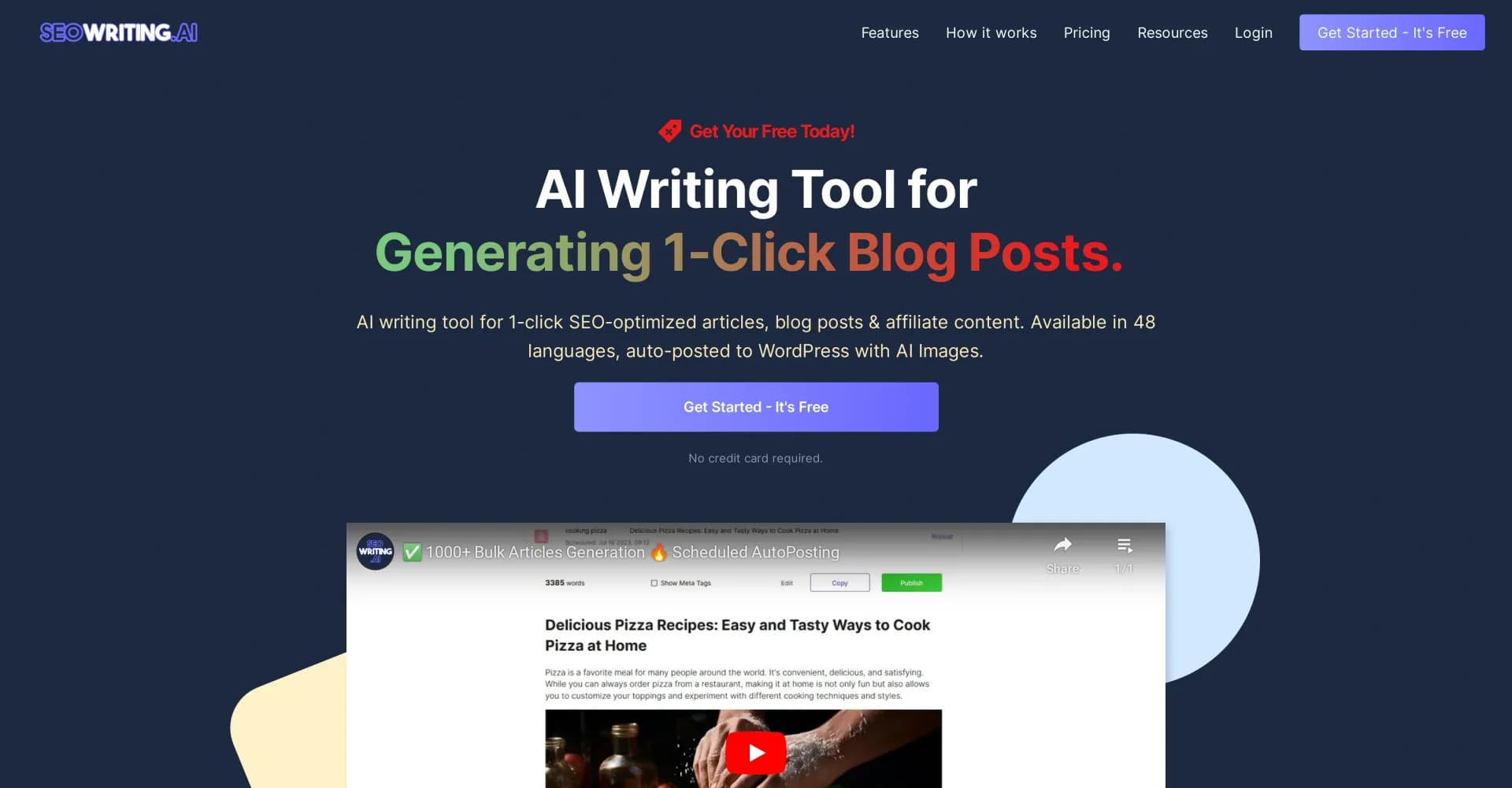 SEO Writing AI homepage screenshot — 1-click SEO-optimized articles generation