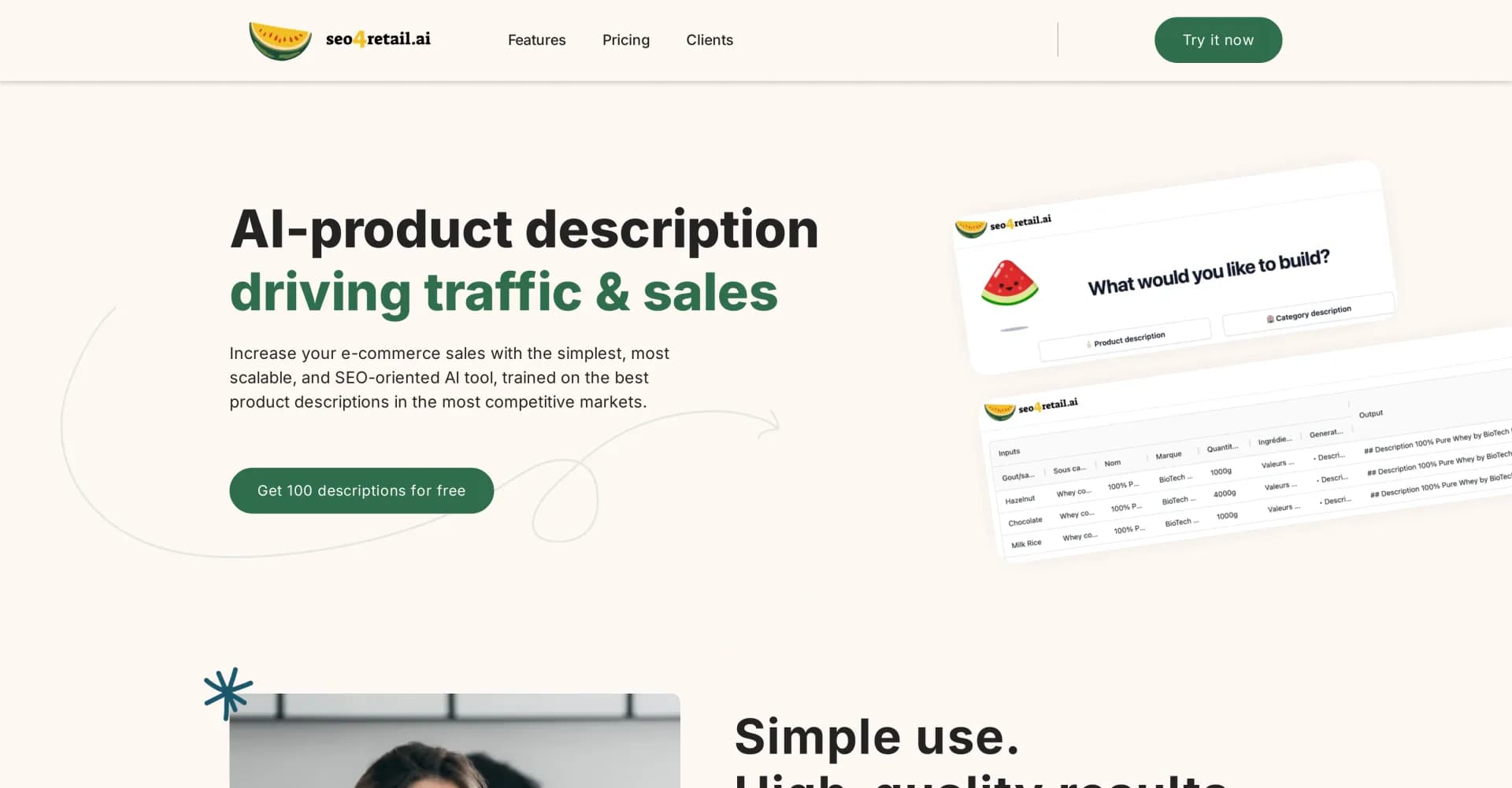 SEO4retail.ai homepage screenshot — AI-powered product descriptions for e-commerce success